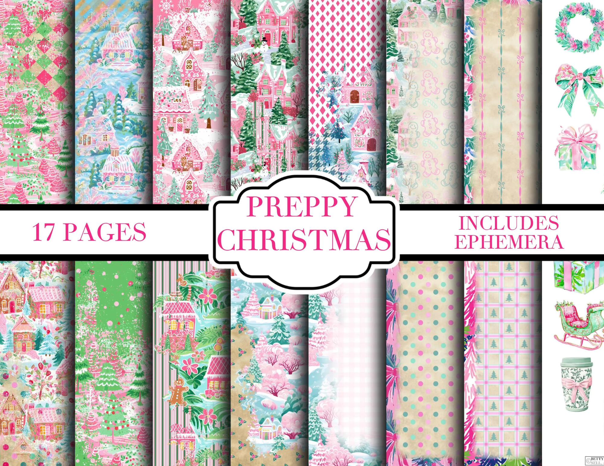 Preppy Christmas Journal Kit - Digital - Printable - Journal Cards - Digital - Bright - Holidays - Collage - Embellishment