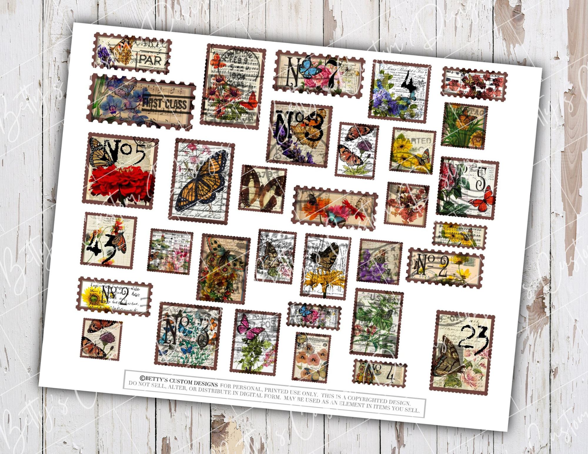 Faux Butterfly Stamps - Printable - Ephemera - Junk Journal - Digital - Collage Sheet - Scrapbook - Planner - Embellishment - Download