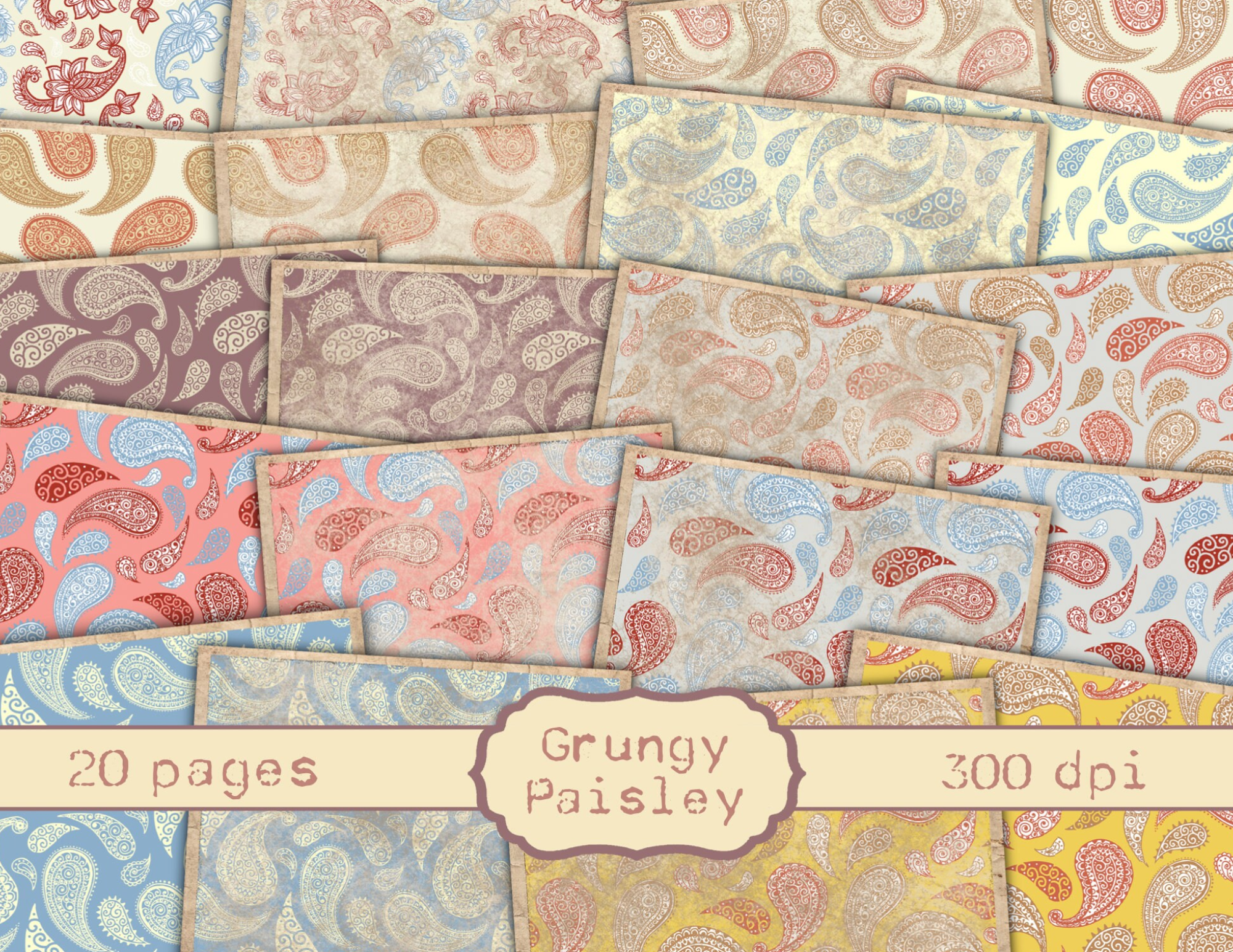 Grungy Paisley - Junk Journal Kit - Digital Paper Prints - Scrapbook - Vintage Books - Ephemera - Antique Paper - Journal Pages