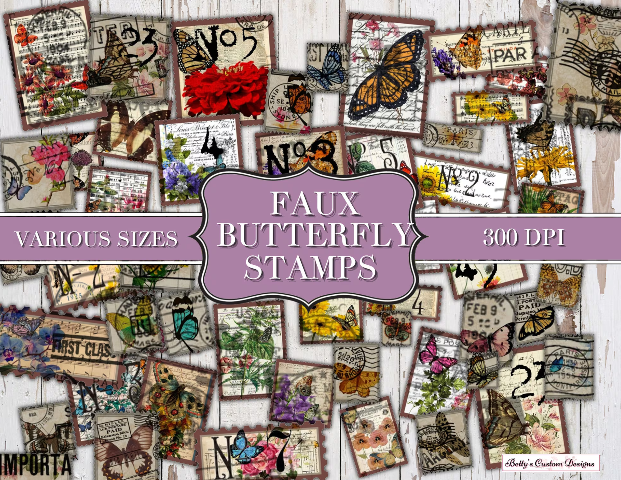 Faux Butterfly Stamps - Printable - Ephemera - Junk Journal - Digital - Collage Sheet - Scrapbook - Planner - Embellishment - Download