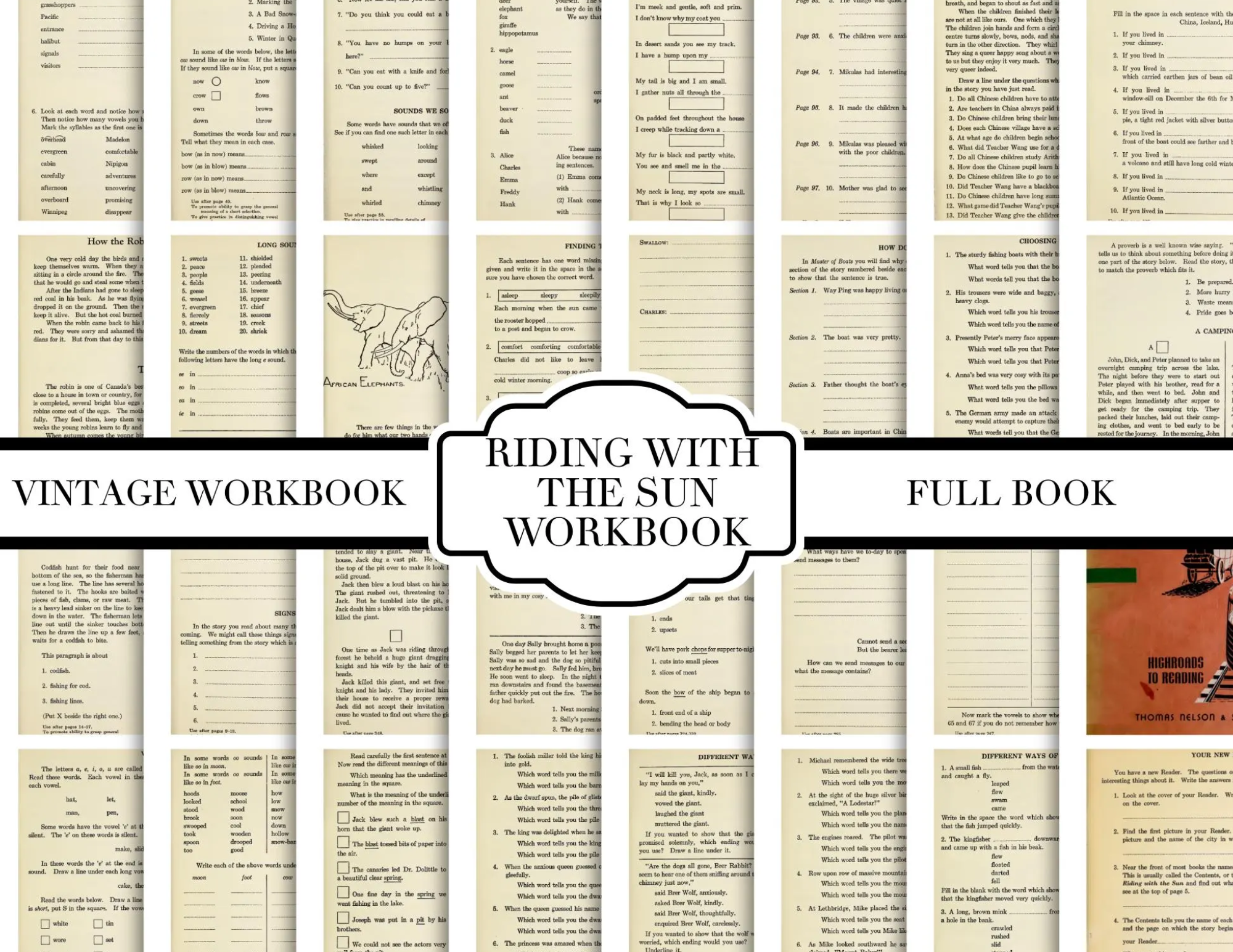 Vintage School Workbook - Riding with the Sun - Elementary Primer - Digital Junk Journal - Vintage Ephemera - Printable