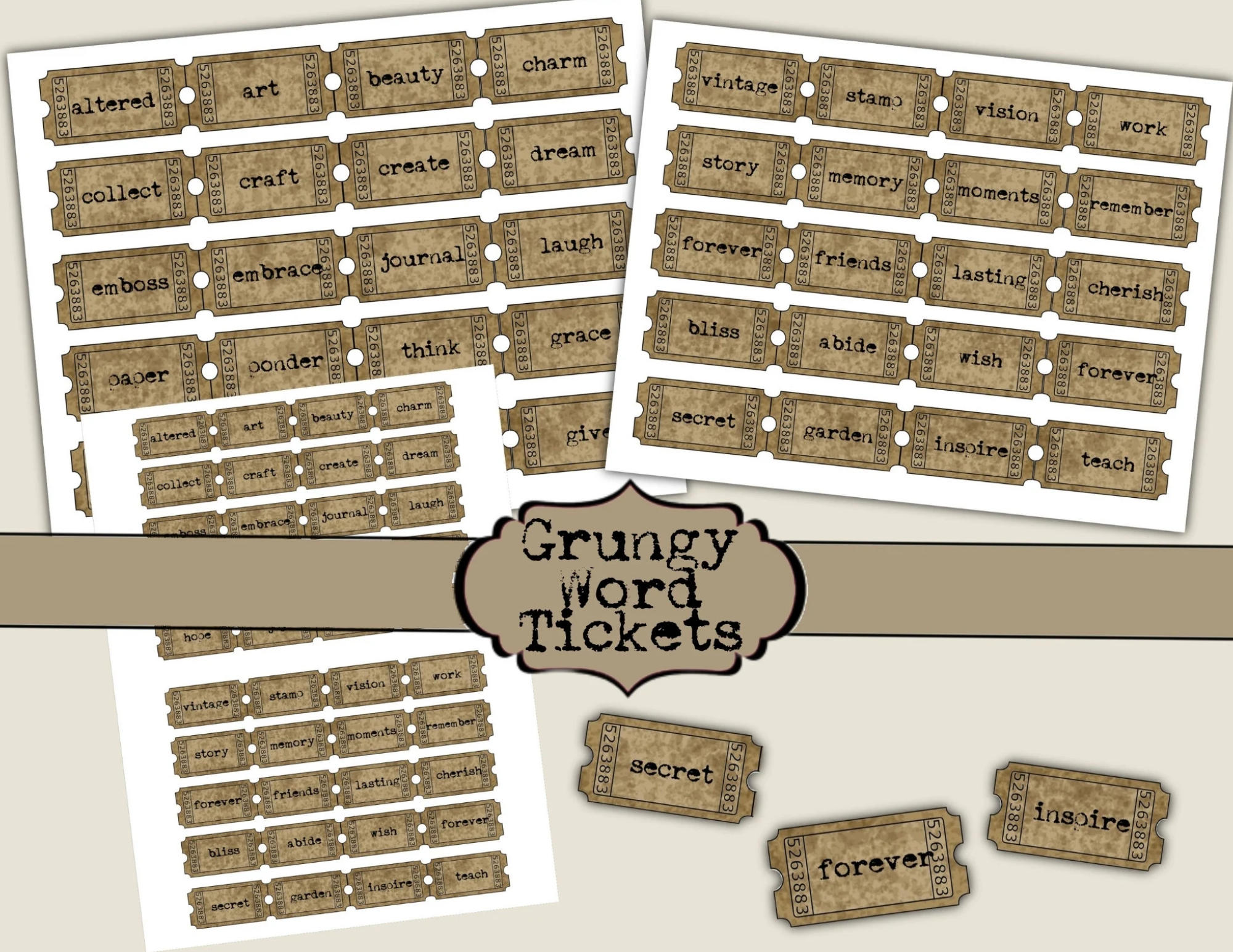 Grungy Word Tickets - Junk Journal - Embellishment - Shabby - Digital - Printable - Ephemera - Ticket - Butterfly