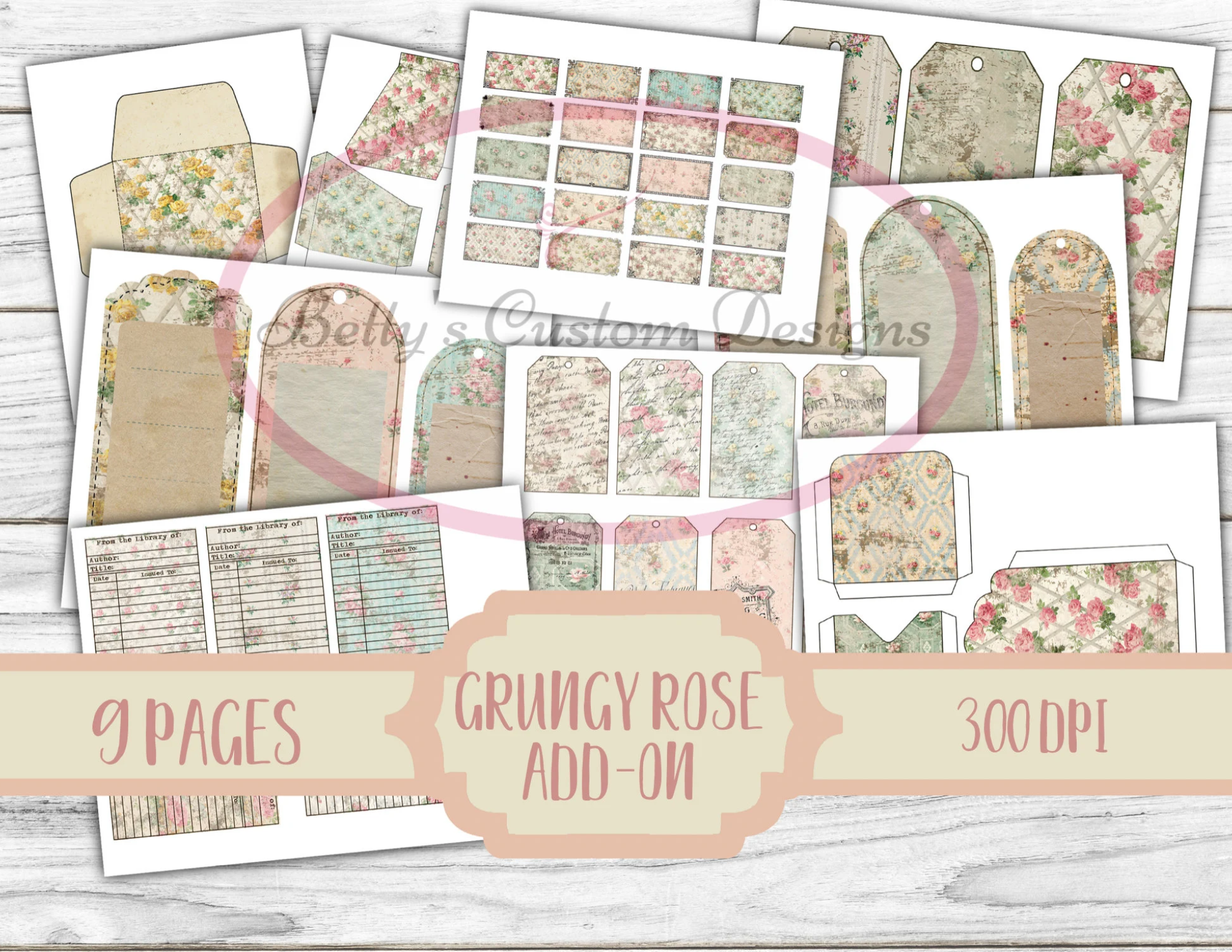 Grungy Rose ADD-ON Kit - Digital Paper Prints - Scrapbook - Vintage Books - Ephemera - Antique Paper - Journal Pages