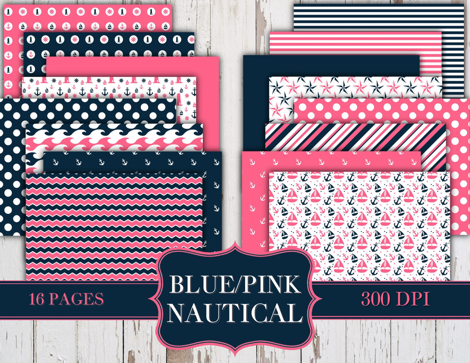 Pink  & Blue Nautical Junk Journal Kit - Digital Paper Prints - Scrapbook - Vintage Books - Ephemera - Paper - Journal Pages