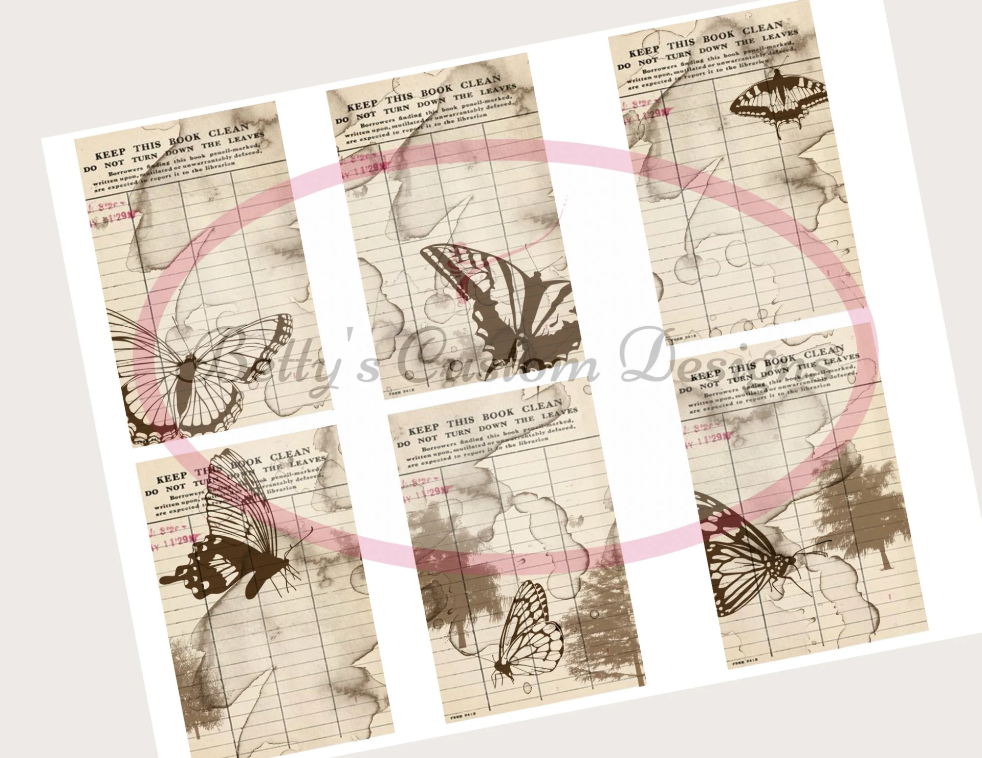 Grungy Vintage Style Butterfly Library Cards - Printable - Journal Cards - Digital - Vintage - Birds - Collage - Embellishment - Ephemera