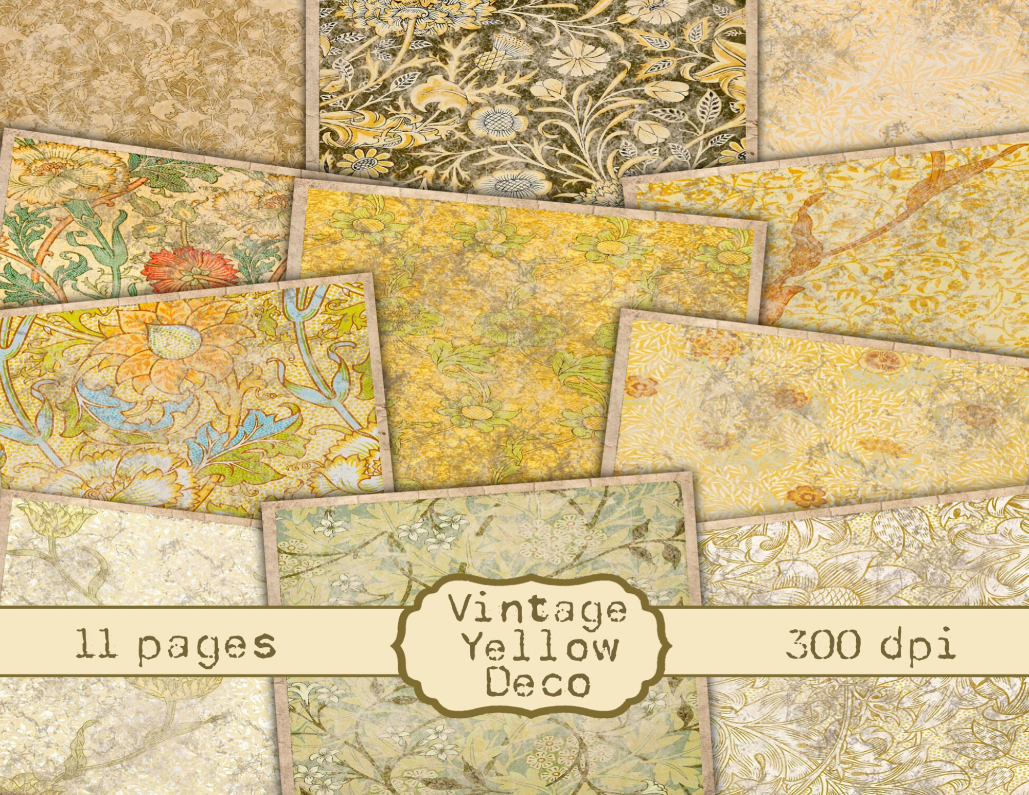 Vintage Yellow Deco Junk Journal Kit - Digital Paper Prints - Scrapbook - Vintage Books - Ephemera - Antique Paper - Journal Pages - Spring