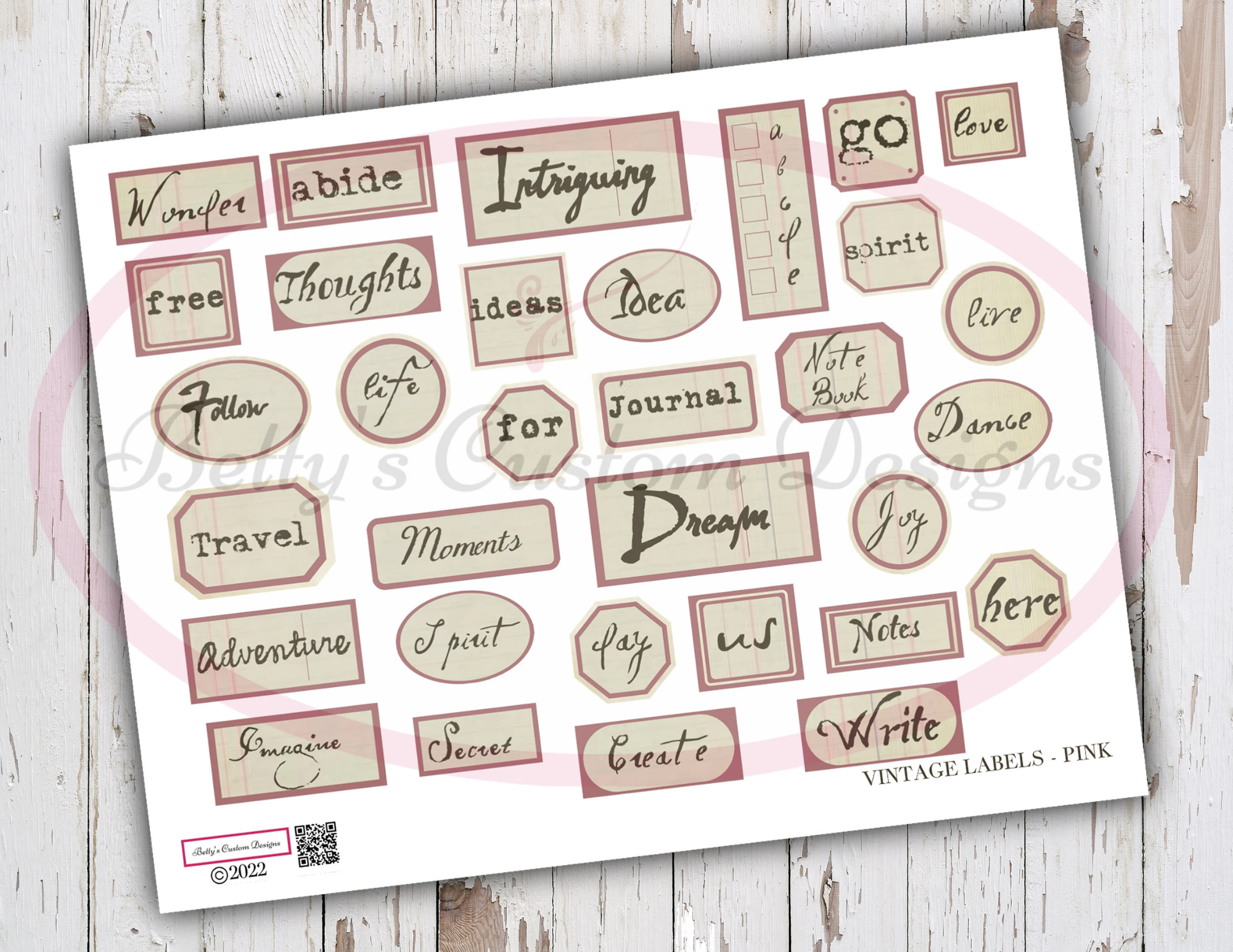 Junk Journal Word Labels - Pink - Printable - Ephemera - Junk Journal Label - Journal Phrases - Journal Words - Digital Botanical Labels