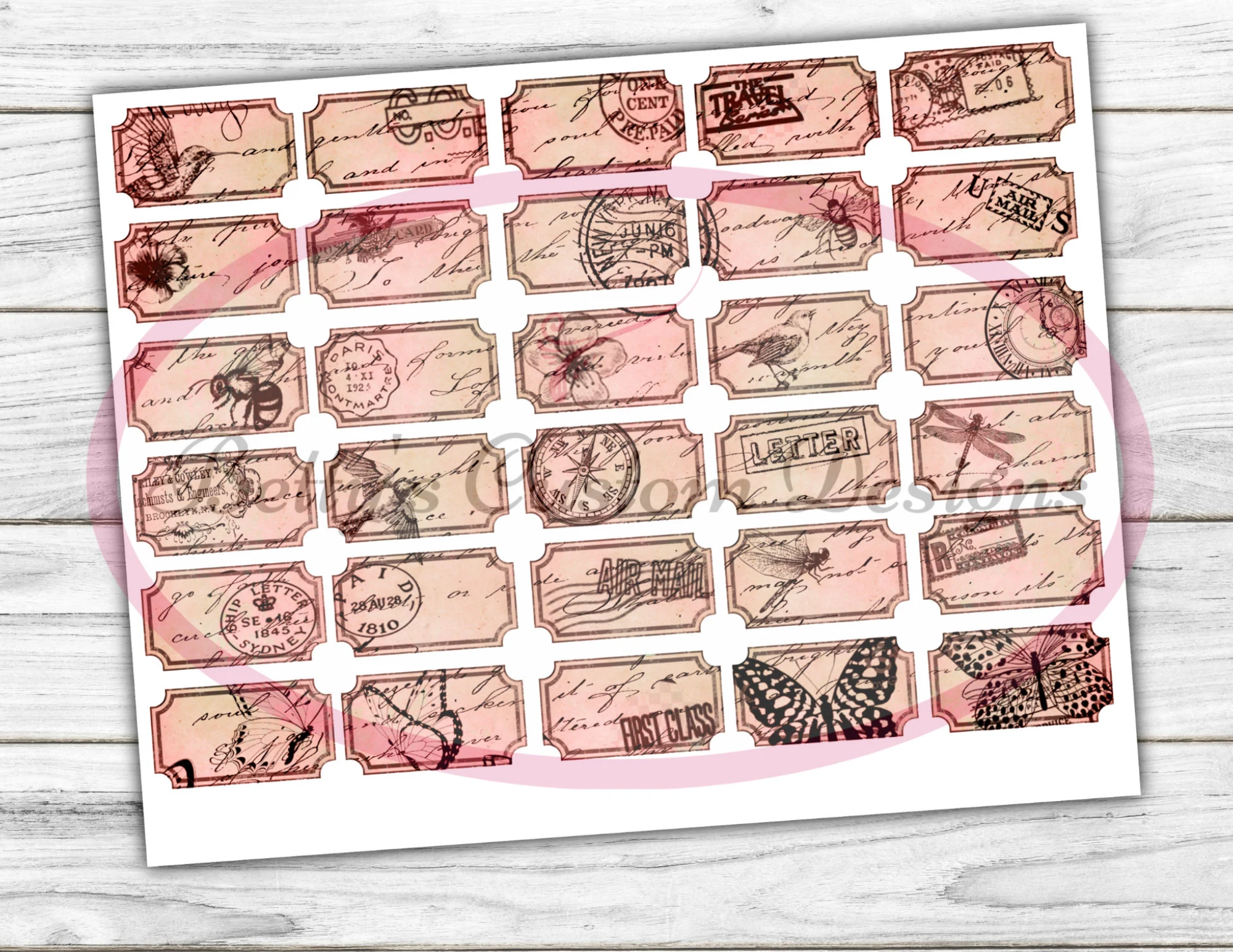 Vintage-Style Blank Labels - Pink Tone - Printable - Ephemera - Junk Journal Label - Journal Phrases - Journal Words