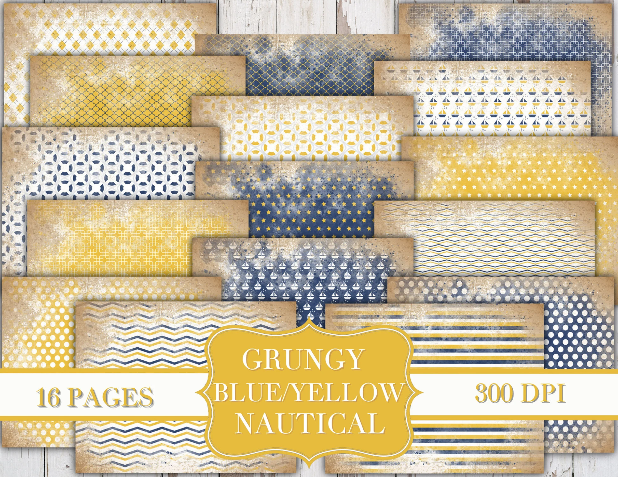 Grungy Yellow & Blue Nautical Junk Journal Kit - Digital Paper Prints - Scrapbook - Vintage Books - Ephemera - Paper - Journal Pages