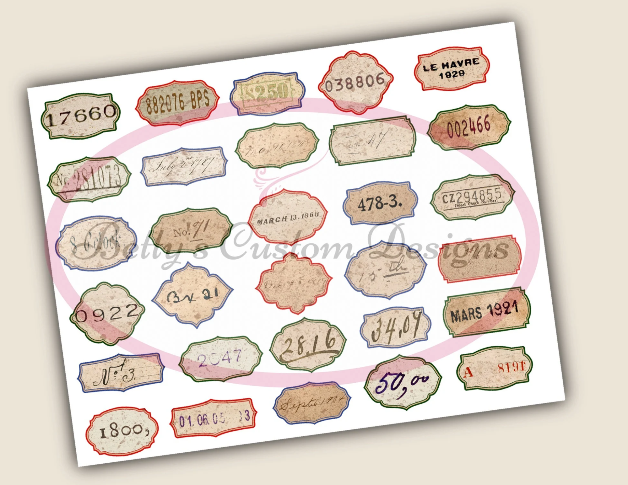 Vintage-Style Random Number Labels - Printable - Ephemera - Junk Journal Label - Journal Phrases - Journal Words