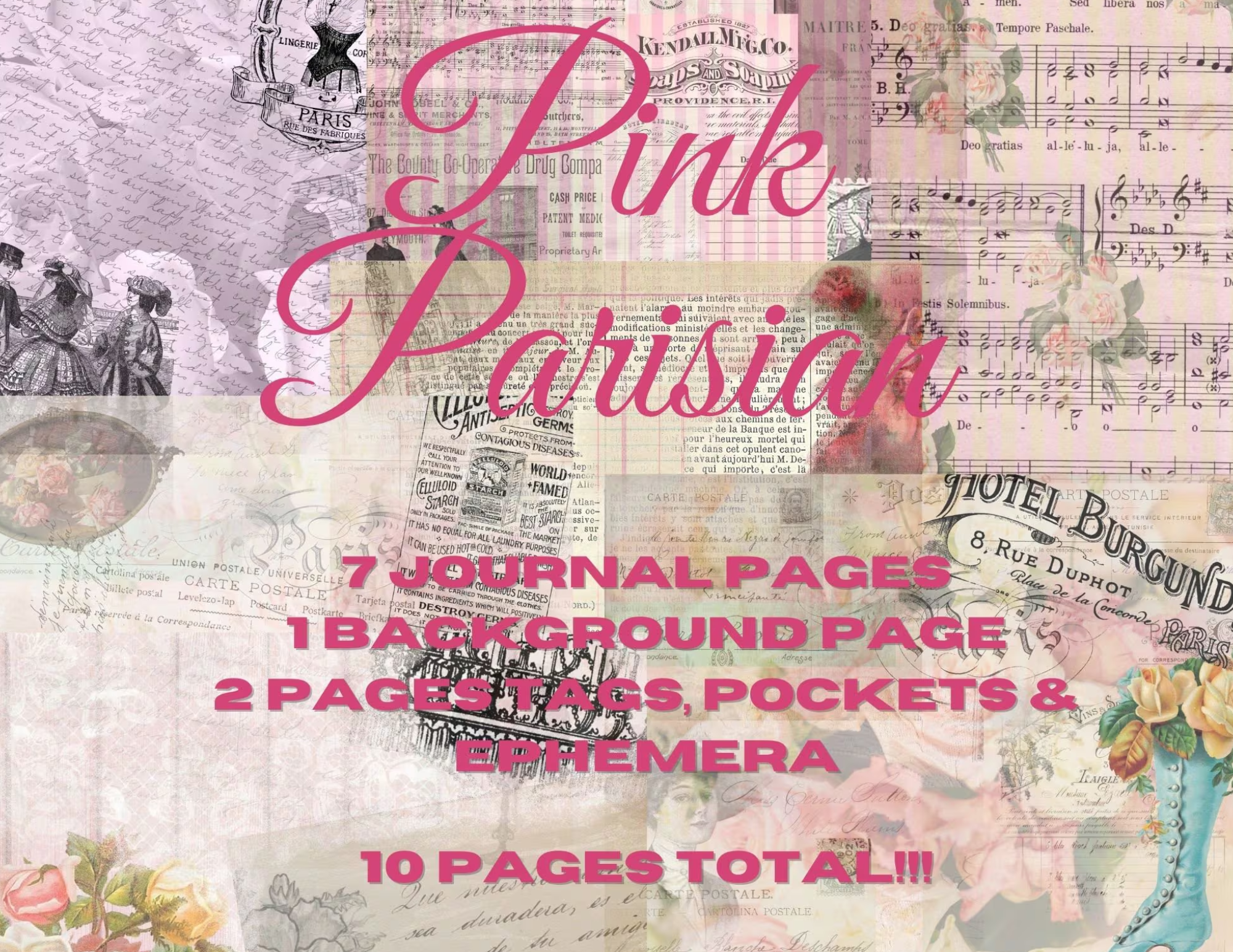 Pink Parisian Junk Journal Kit - Digital Paper Prints - Scrapbook - Vintage Books - Ephemera - Antique Paper - Journal Pages - Spring