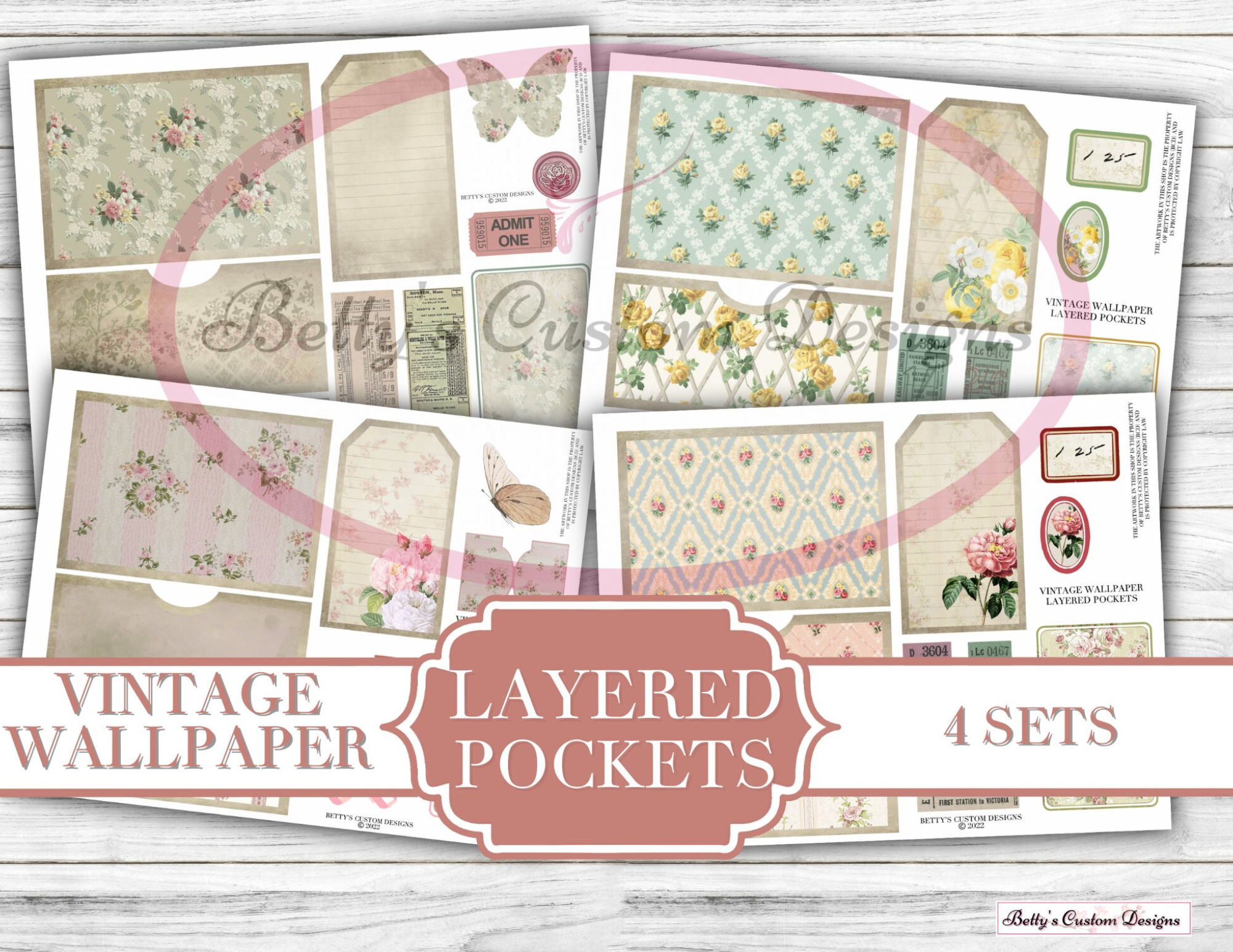 Vintage Wallpaper - Layered Pockets - Memories - Digital - Printable - Journal Cards - Digital - Vintage - Birds - Collage - Embellishment