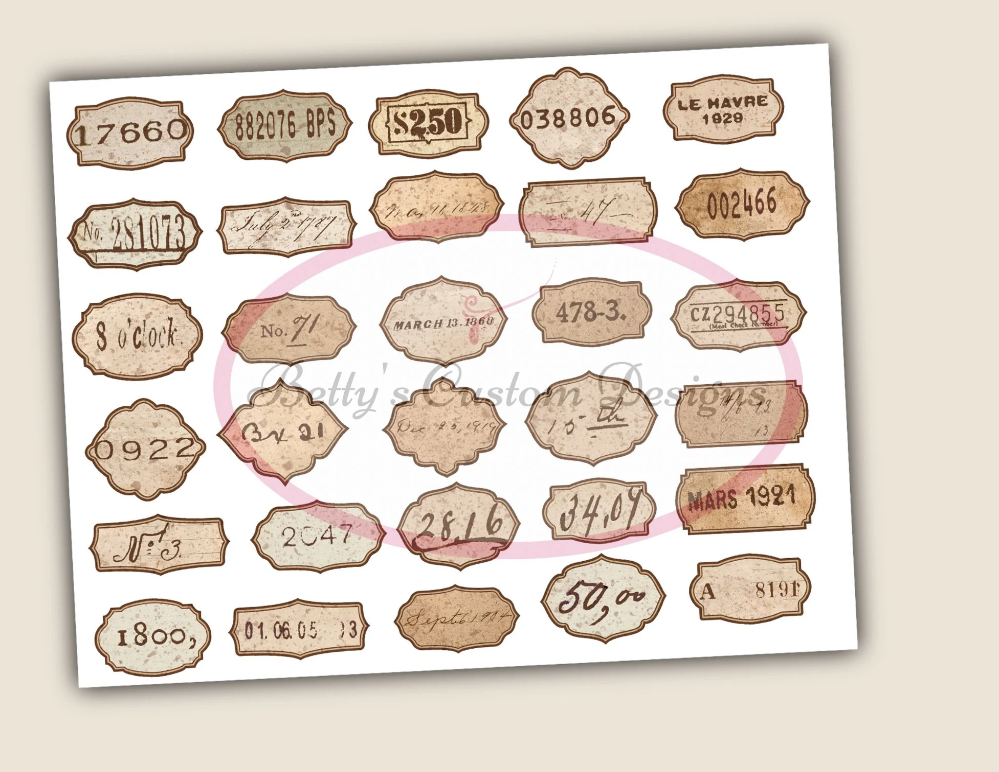 Vintage-Style Random Number Labels - Printable - Ephemera - Junk Journal Label - Journal Phrases - Journal Words