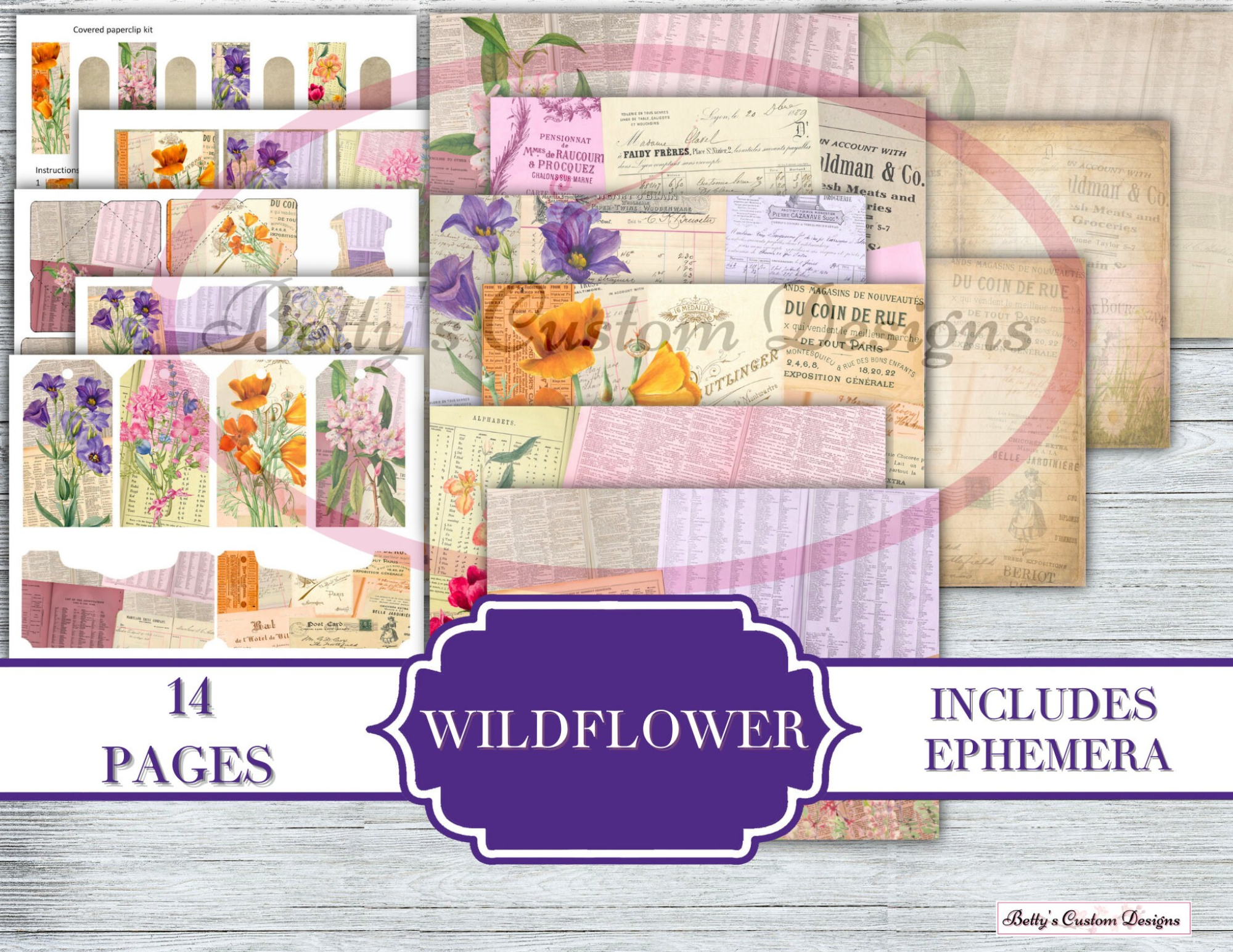 Wildflower Junk Journal Kit - Digital Paper Prints - Scrapbook - Vintage Books - Ephemera - Antique Paper - Journal Pages - Spring