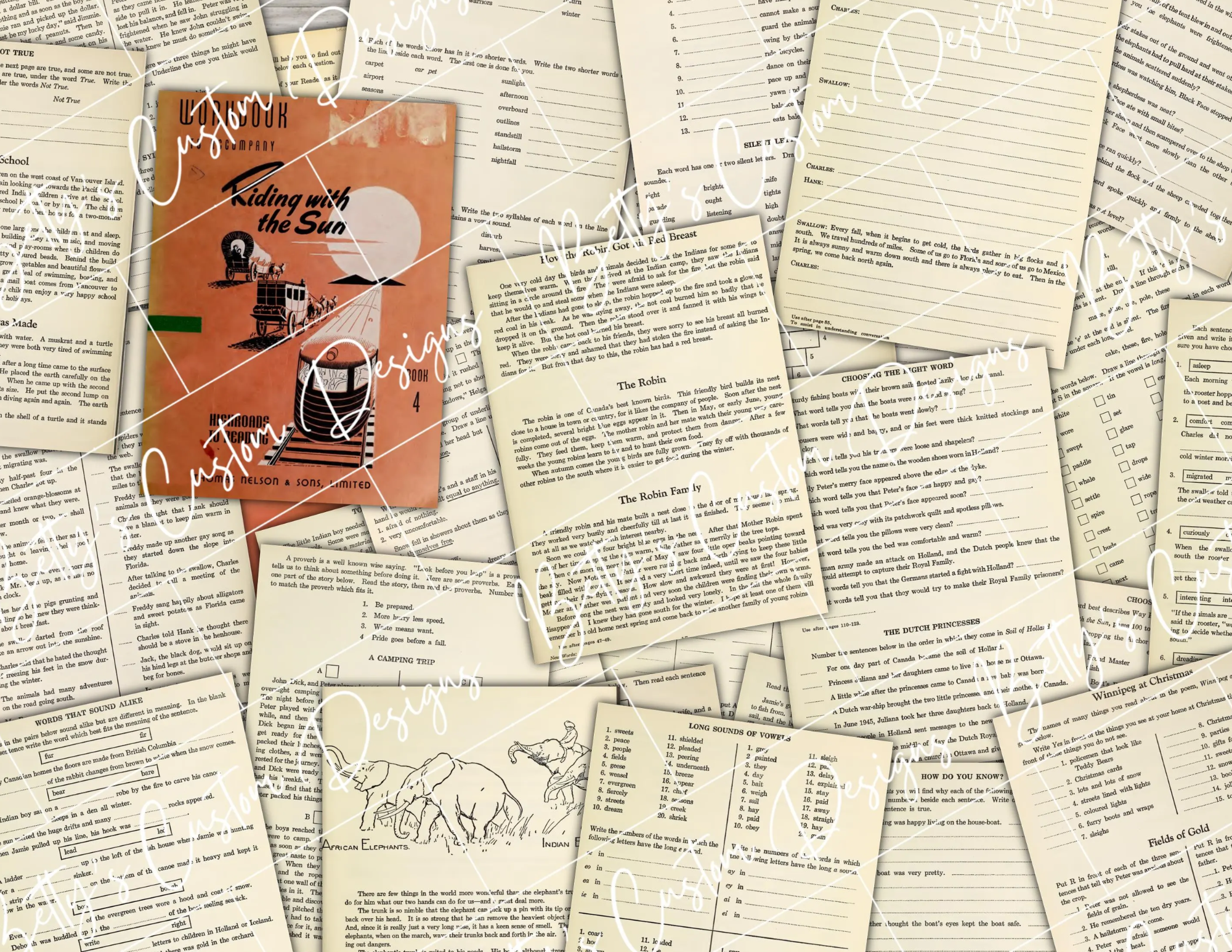 Vintage School Workbook - Riding with the Sun - Elementary Primer - Digital Junk Journal - Vintage Ephemera - Printable