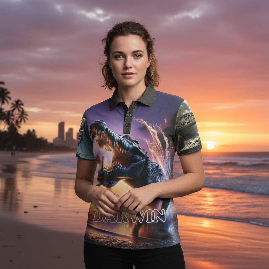 Darwin 'Crocodile and Iconic Sunset' Short Sleeve Print Polo Shirt