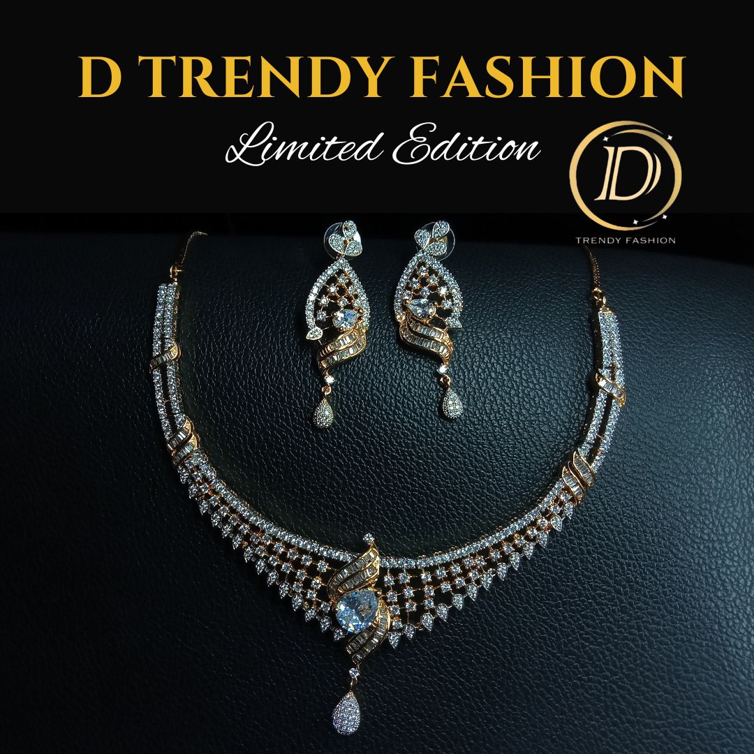 Elegant Gold Silver Polish (Ganga Jamuna Set) AD Necklace Set