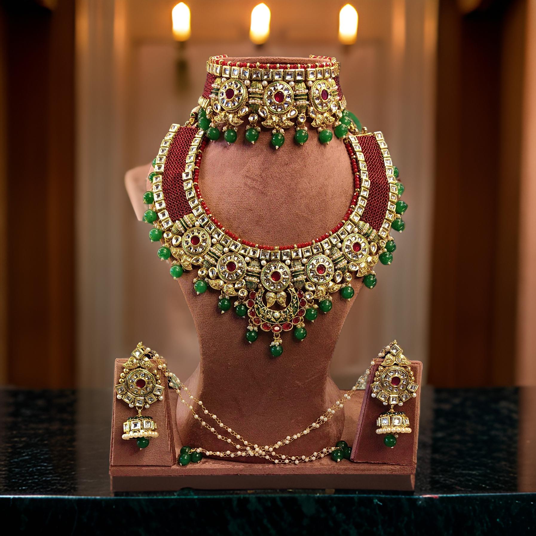 Traditional Indian Rajwadi - Mahroon Green Full Bridal Jewelry Set