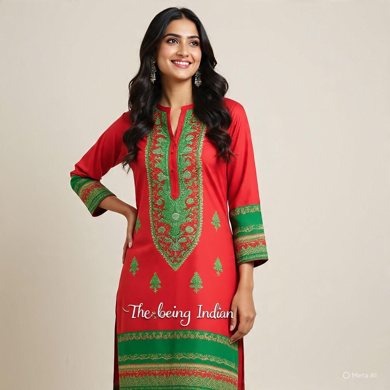 Red and Green Printed Kurti
