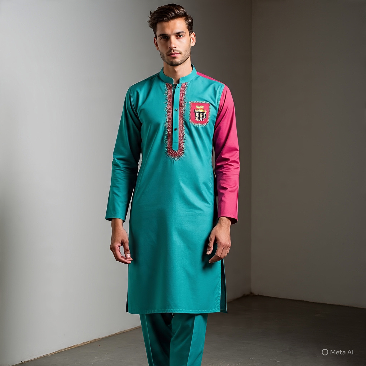 Teal and Pink Men's Kurta Set