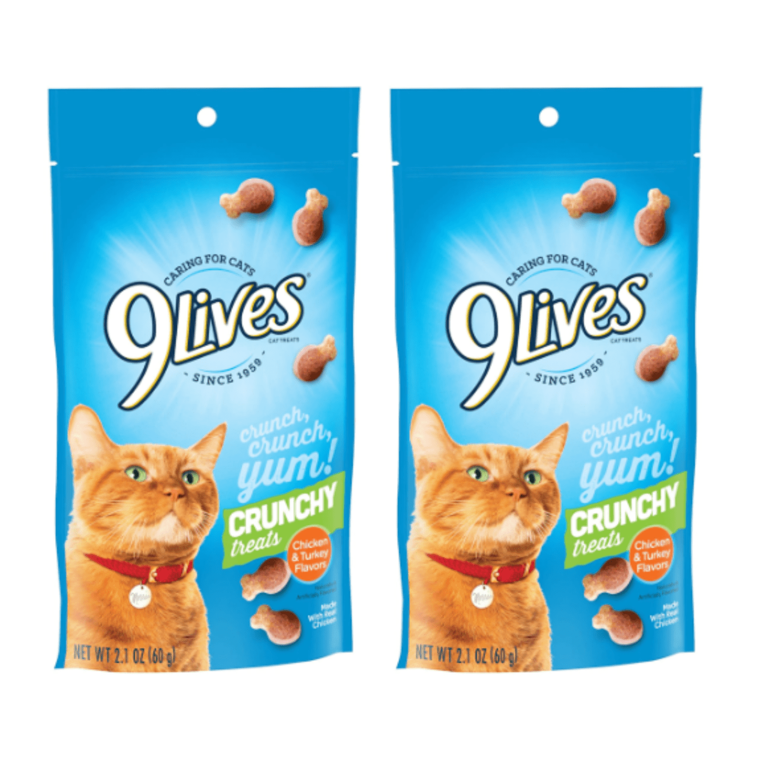 9 Lives Chicken and Turkey Flavored Crunchy Cat Treats, 2.1-oz. Bags Irresistible Dry Fish Shaped Bite-Sized Feline Food Gift - Pack of 2