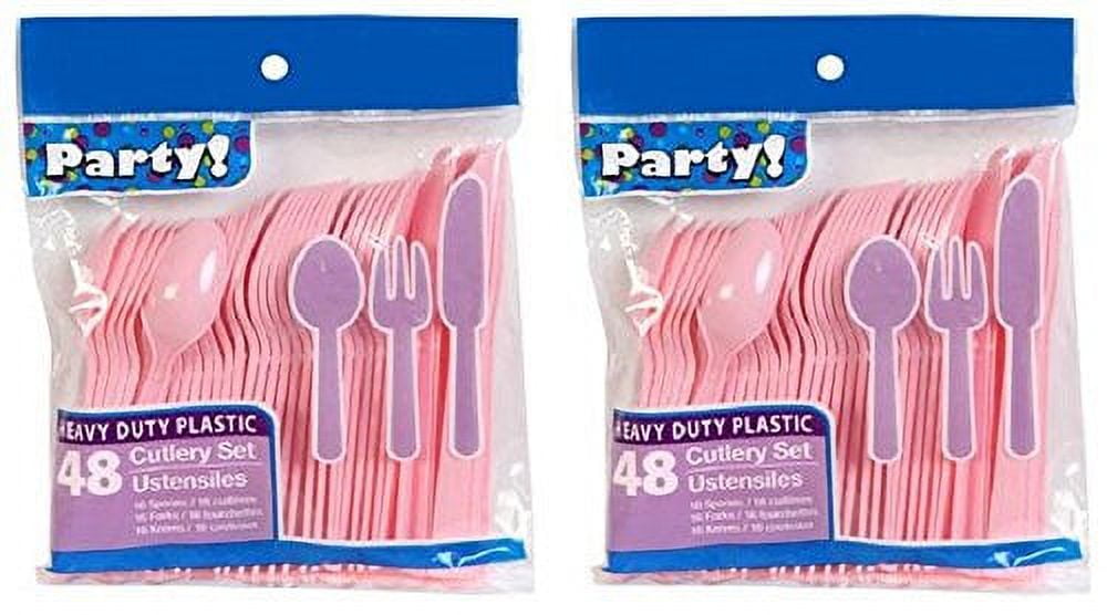 Heavy Duty Plastic Cutlery Set in Pink - 32 Spoons, 32 Forks, 32 Knives