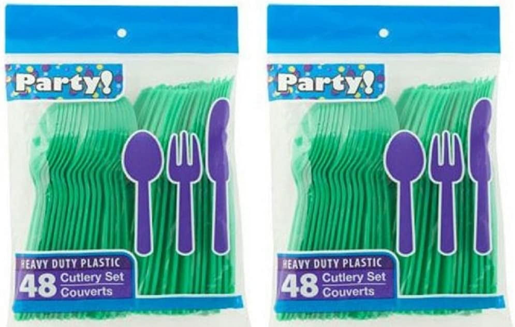 Heavy Duty Plastic Cutlery, 48 pieces Set in Green, 2-pack (32 Spoons, 32 Forks, 32 Knives) 96 Pieces in Total