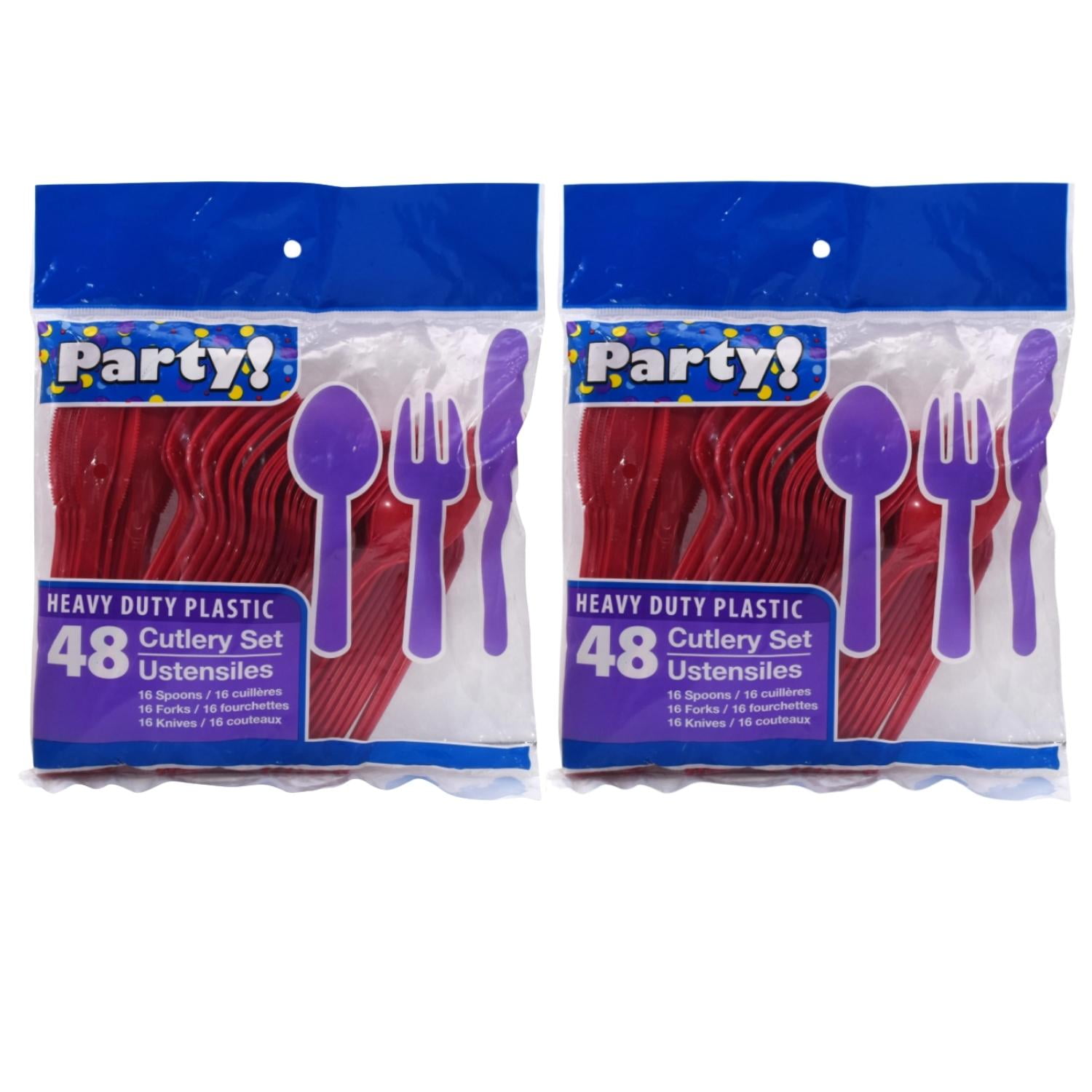 Cutlery Set Disposable Plastic Utensils 32 Spoons, 32 Forks & 32 Knives  Silverware Flatware Set for Birthday Holiday Picnic Outdoor Party Celebration (Red)