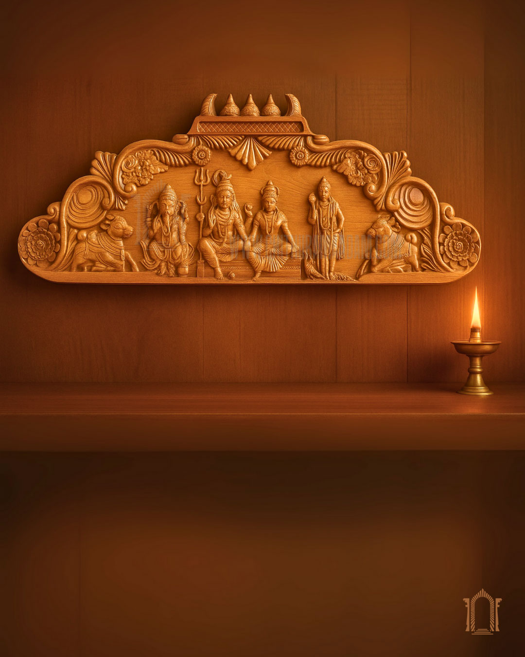 Shiva Parivar Teak Wood Wall Panel – Chettinad Divine Family Artwork