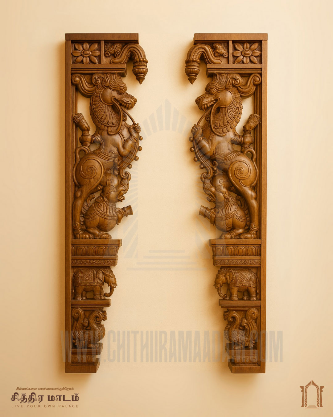 Majestic Yali Teak Wood Carved Pillar – Traditional Chettinad Architectural Element