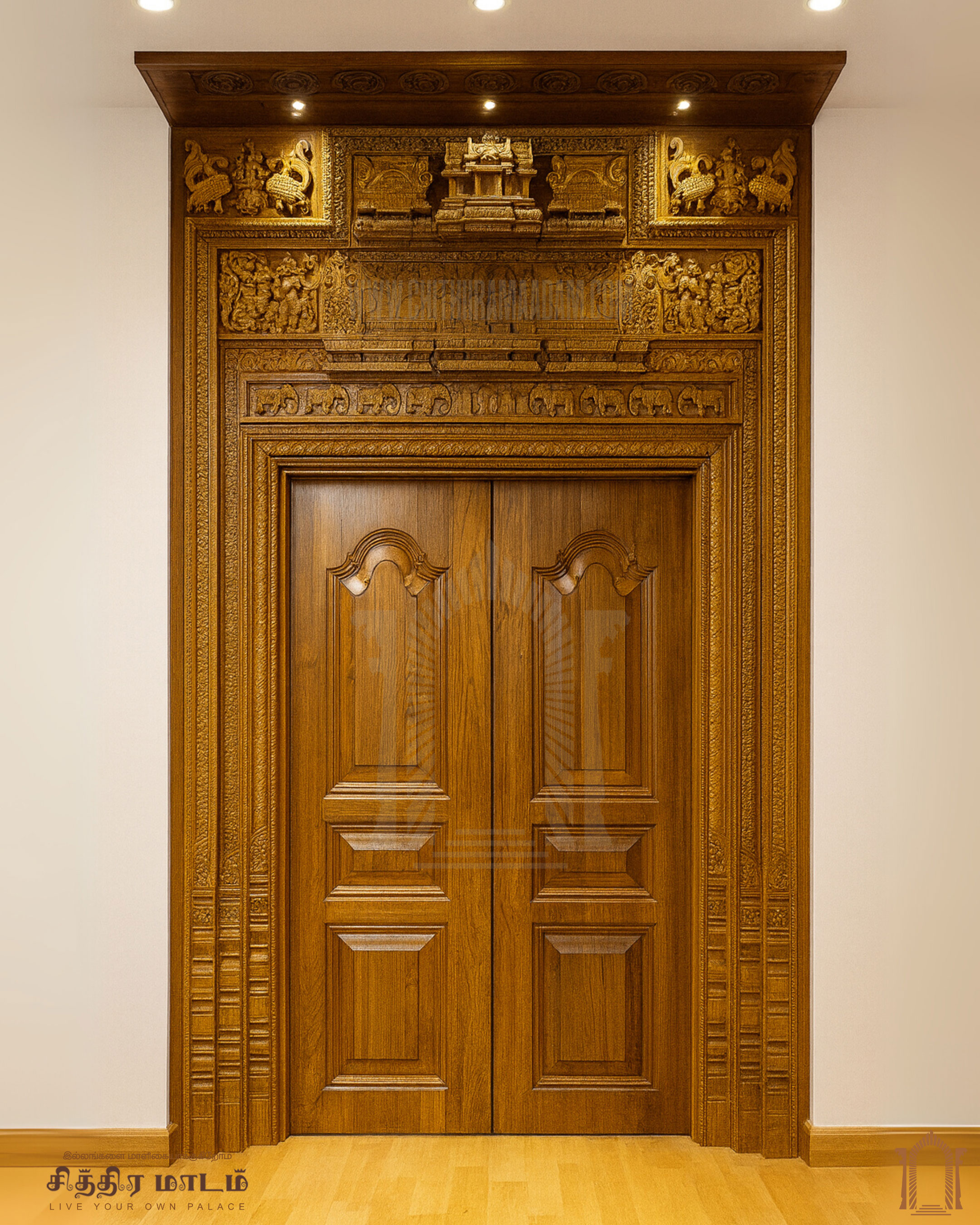 Grand Double Teak Wood Carved Door with Frame – Chettinad Luxury Entrance