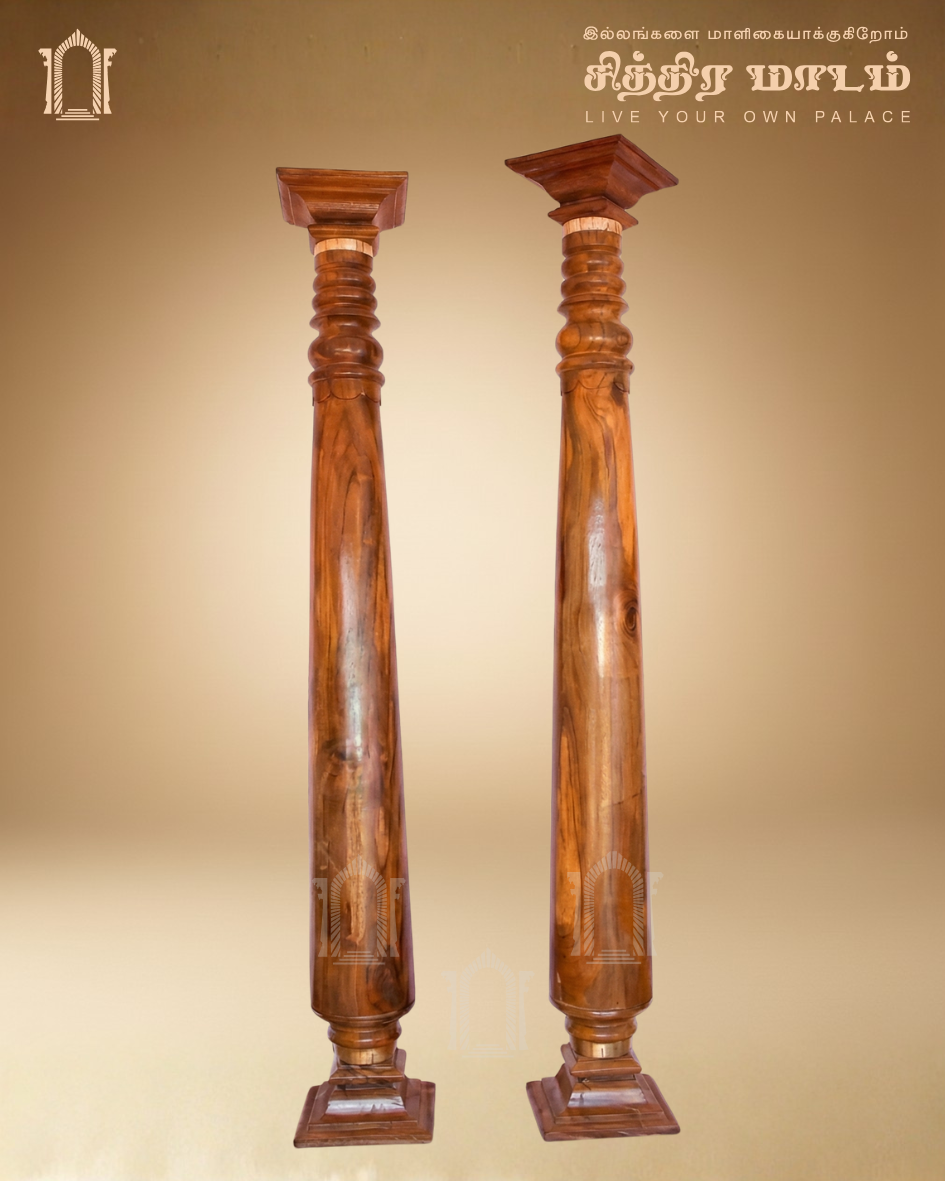 Sleek Teak Wood Carved Pillar – Elegant Chettinad Architectural Element