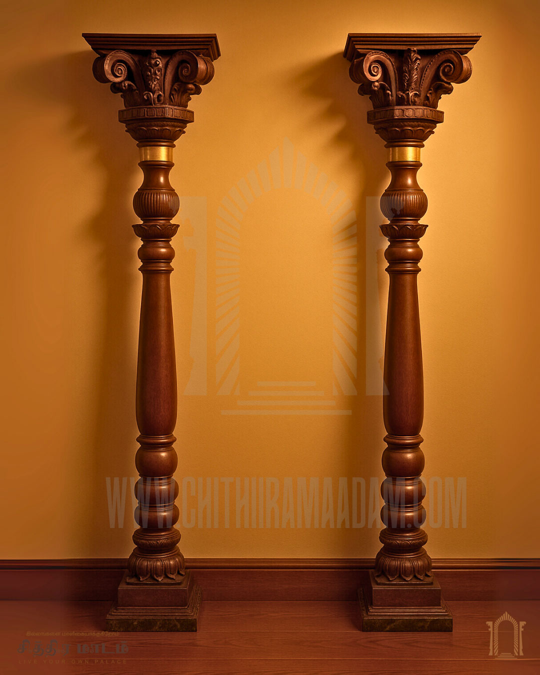 Ornate Teak Wood Pillar Pair – Chettinad Carved Architectural Columns