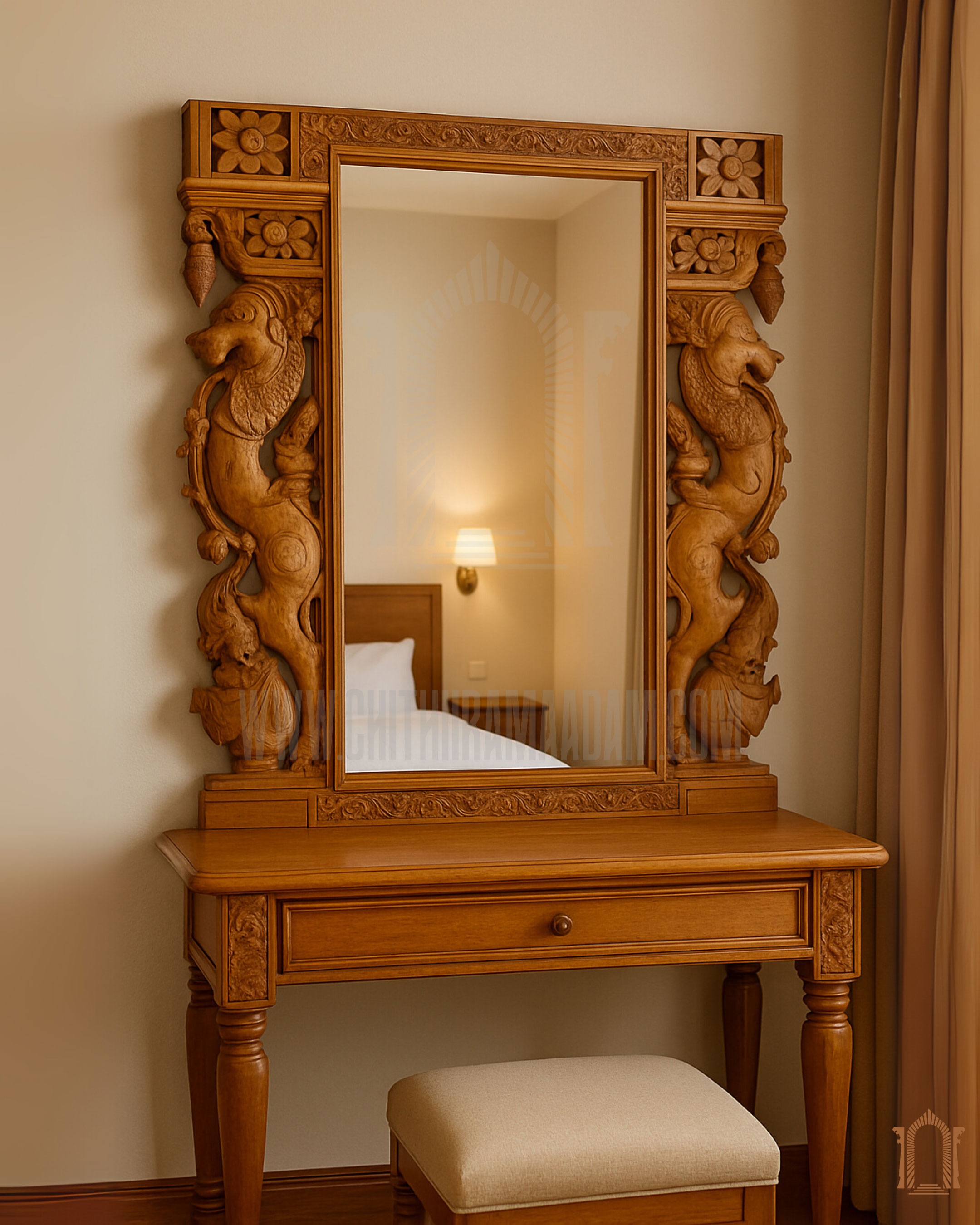 Chettinad Yali Teak Wood Mirror Frame – Traditional Decorative Wall Frame