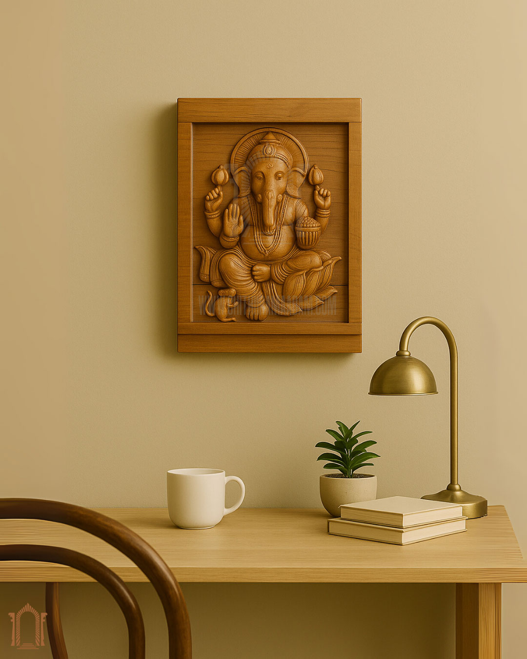 Vinayagar on Lotus Teak Wood Carved Panel – Traditional Ganesha Artwork