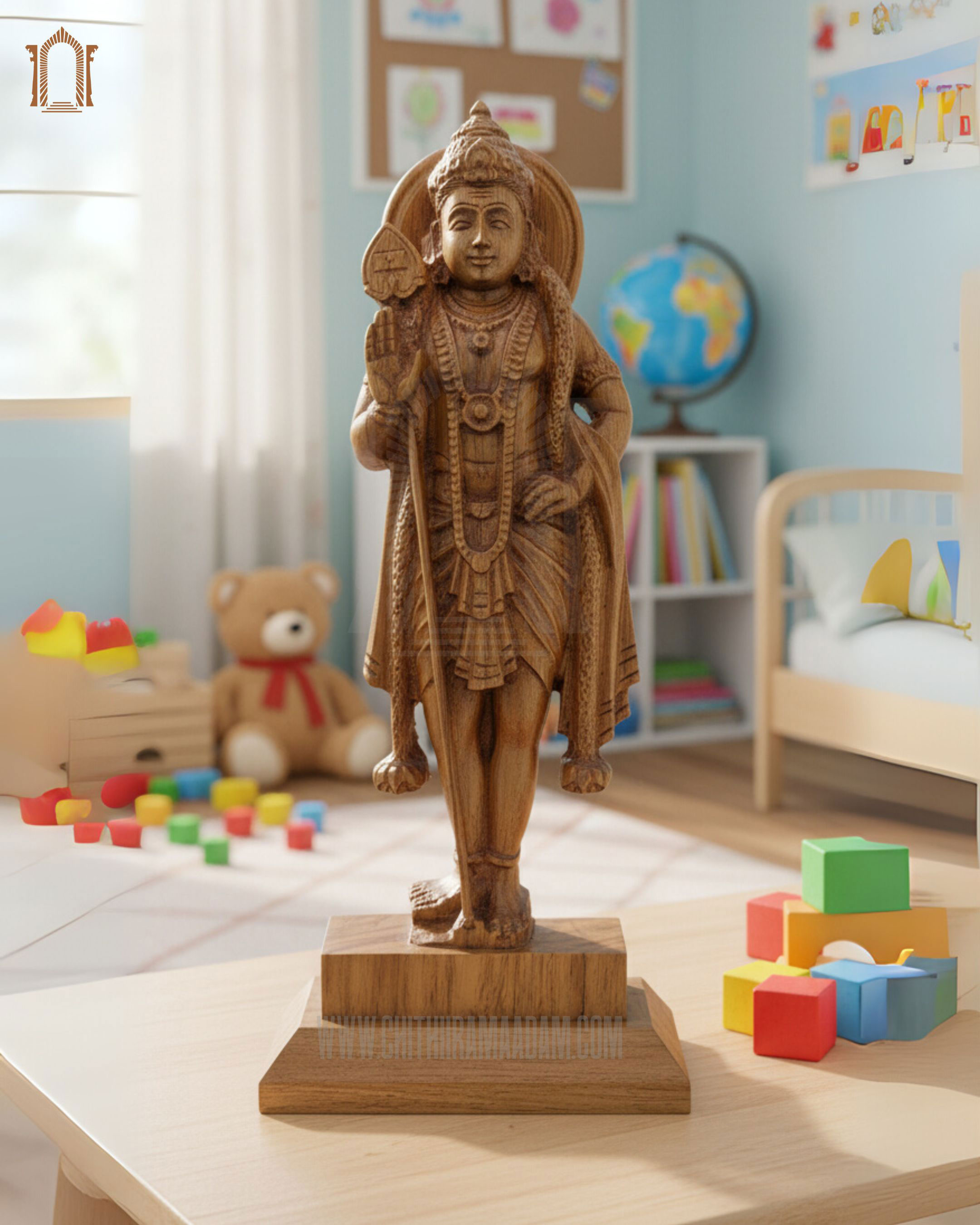 Standing Lord Murugan Teak Wood Sculpture Panel – Traditional Chettinad Art