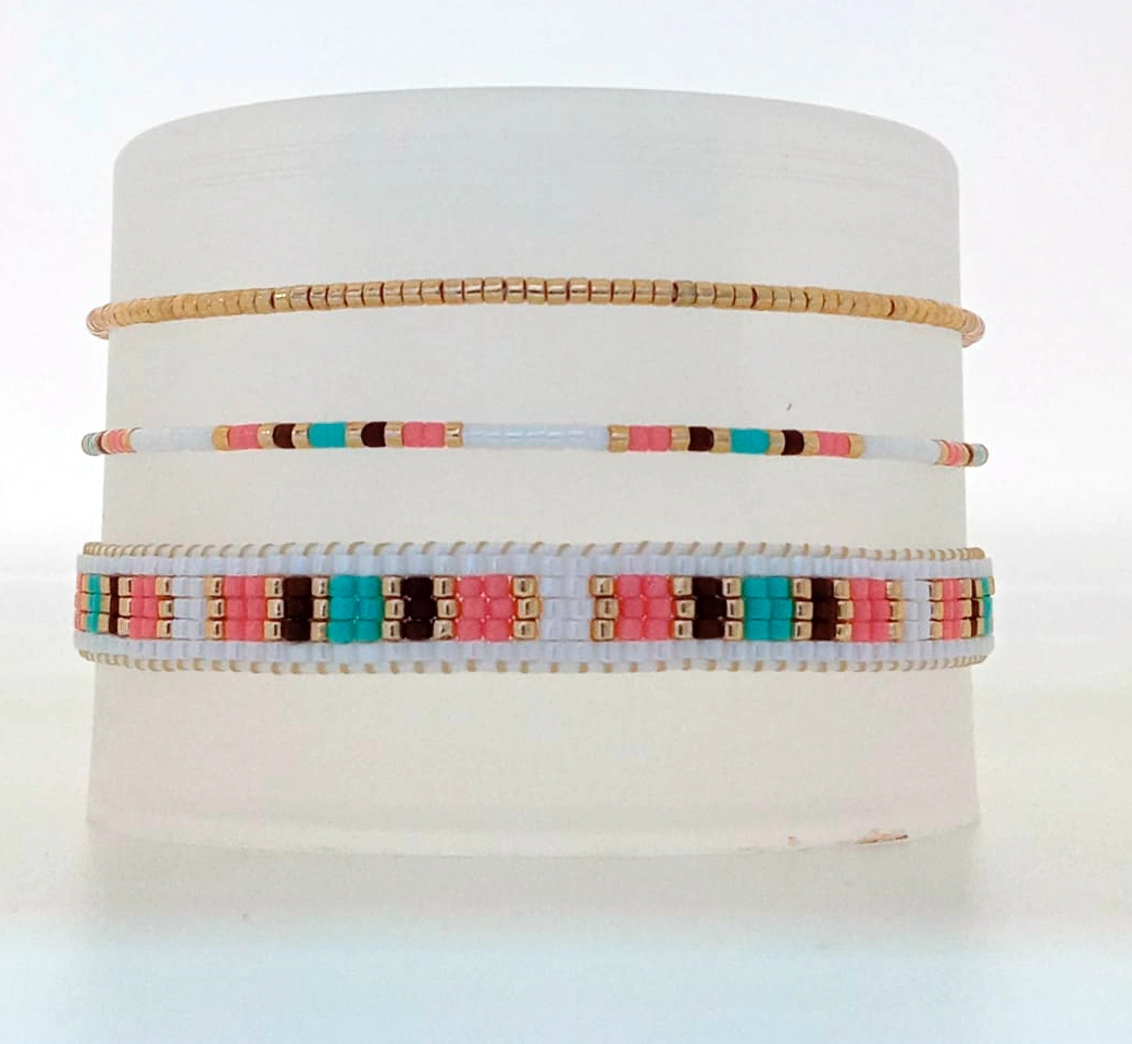 Set de Pulseras Miyuki 3 Piezas: Colores Coral, Turquesa y Oro - Estilo Verano Boho