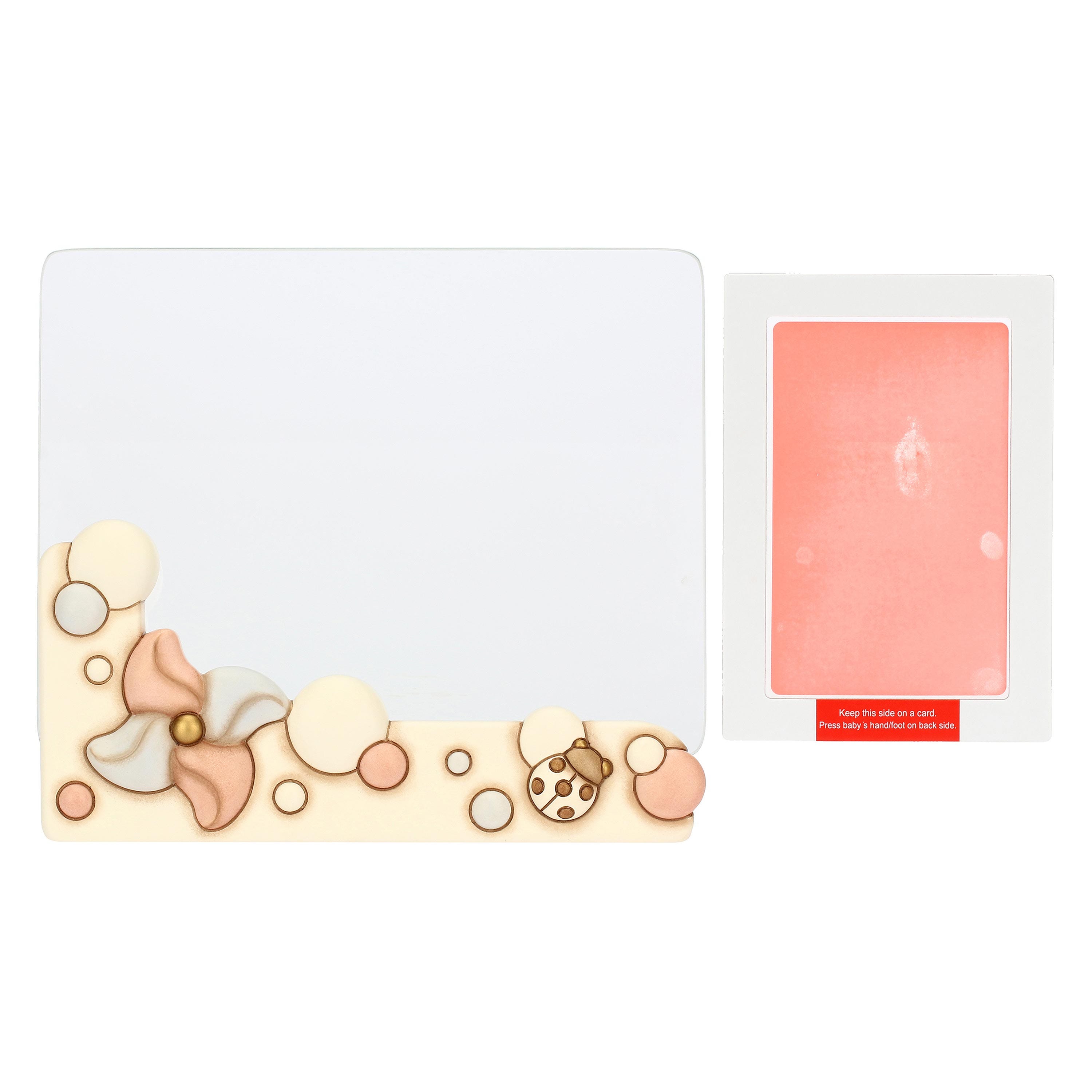 Portafoto in ceramica e vetro girandola e coccinella con calco manina