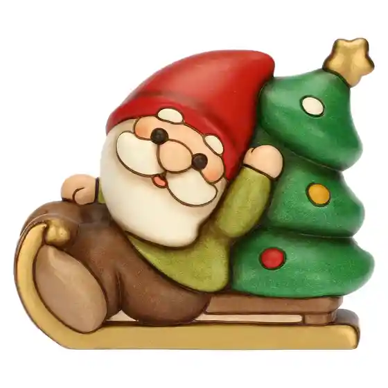 Gnomo Oliver su slitta con albero in ceramica