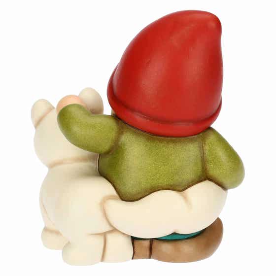 Gnomo Oliver con volpe bianca Perla in ceramica Inverno Incantato