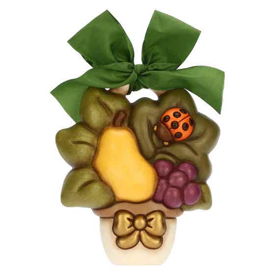 Formella in ceramica vasetto con frutta e coccinella AbbracciAMI