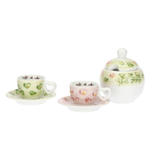 Set 2 tazze espesso Cuori in fiore con zuccheriera