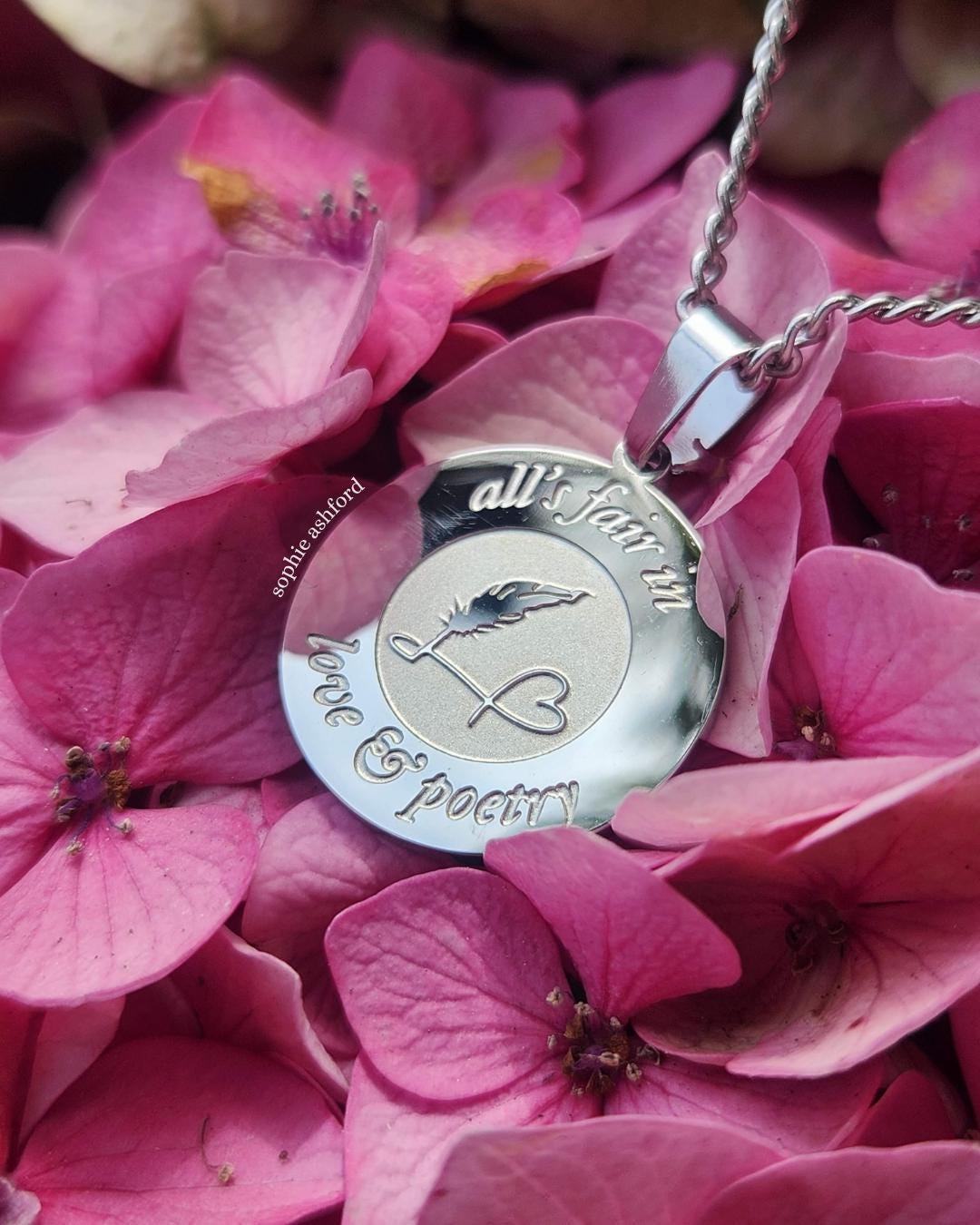 TS-Inspired "All's Fair in Love & Poetry" Heart Quill Pen Writing Stainless Steel Pendant Necklace