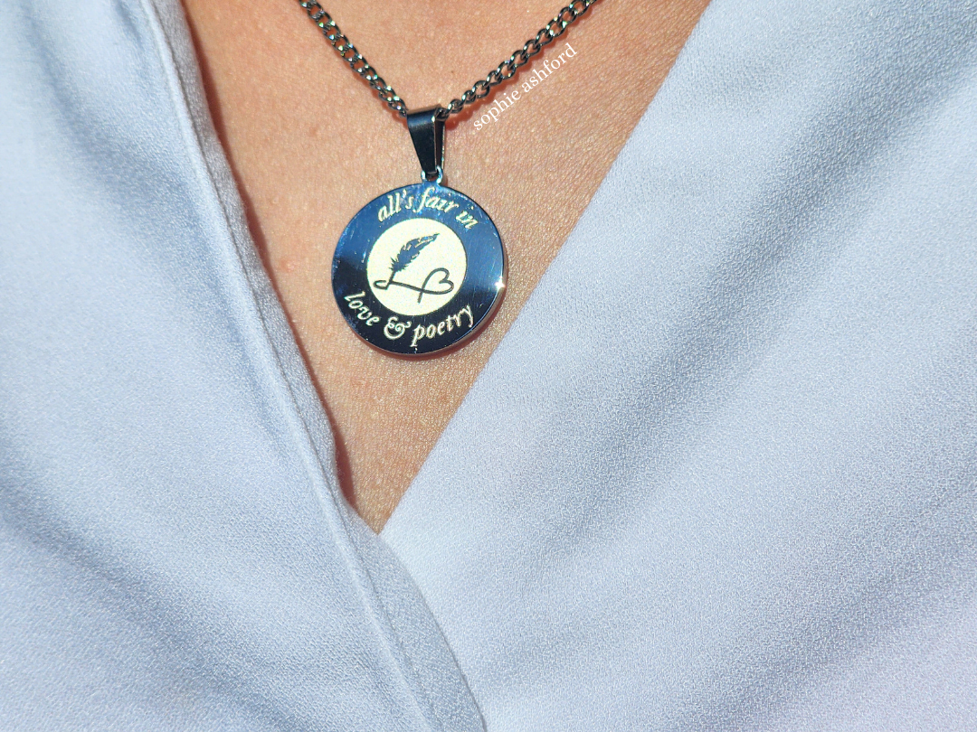 TS-Inspired "All's Fair in Love & Poetry" Heart Quill Pen Writing Stainless Steel Pendant Necklace