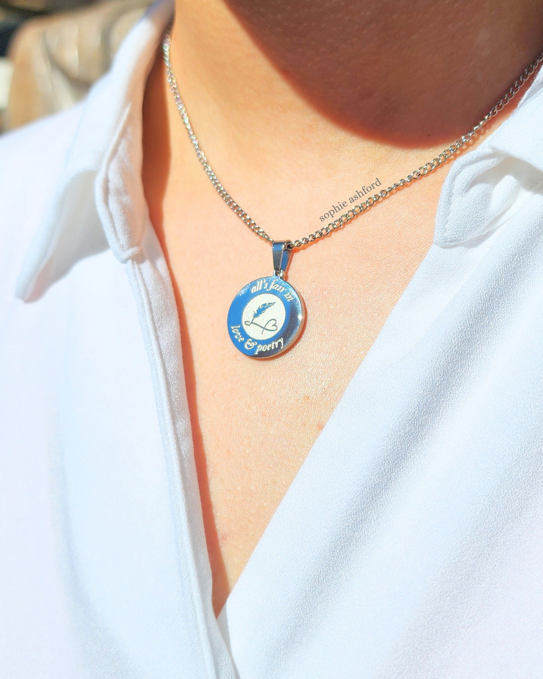 TS-Inspired "All's Fair in Love & Poetry" Heart Quill Pen Writing Stainless Steel Pendant Necklace