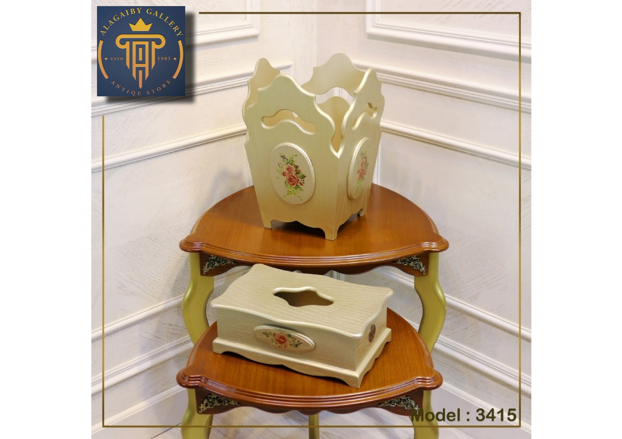 Hand-painted wooden tissue box and Modern trash can