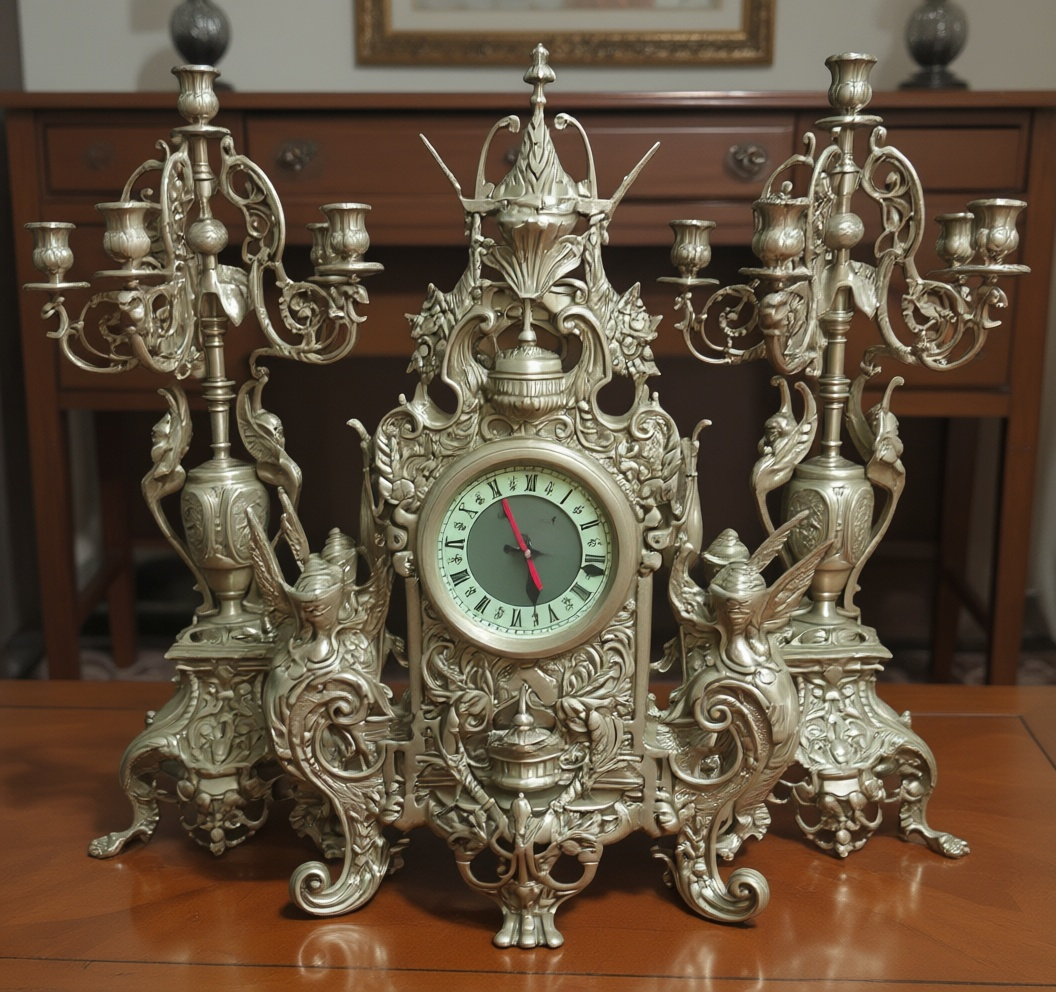 Antique Bronze Clock and Candelabra Set