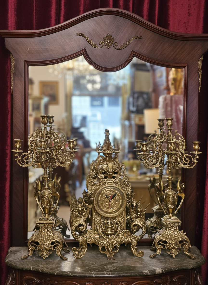 Antique French Brass Clock Set