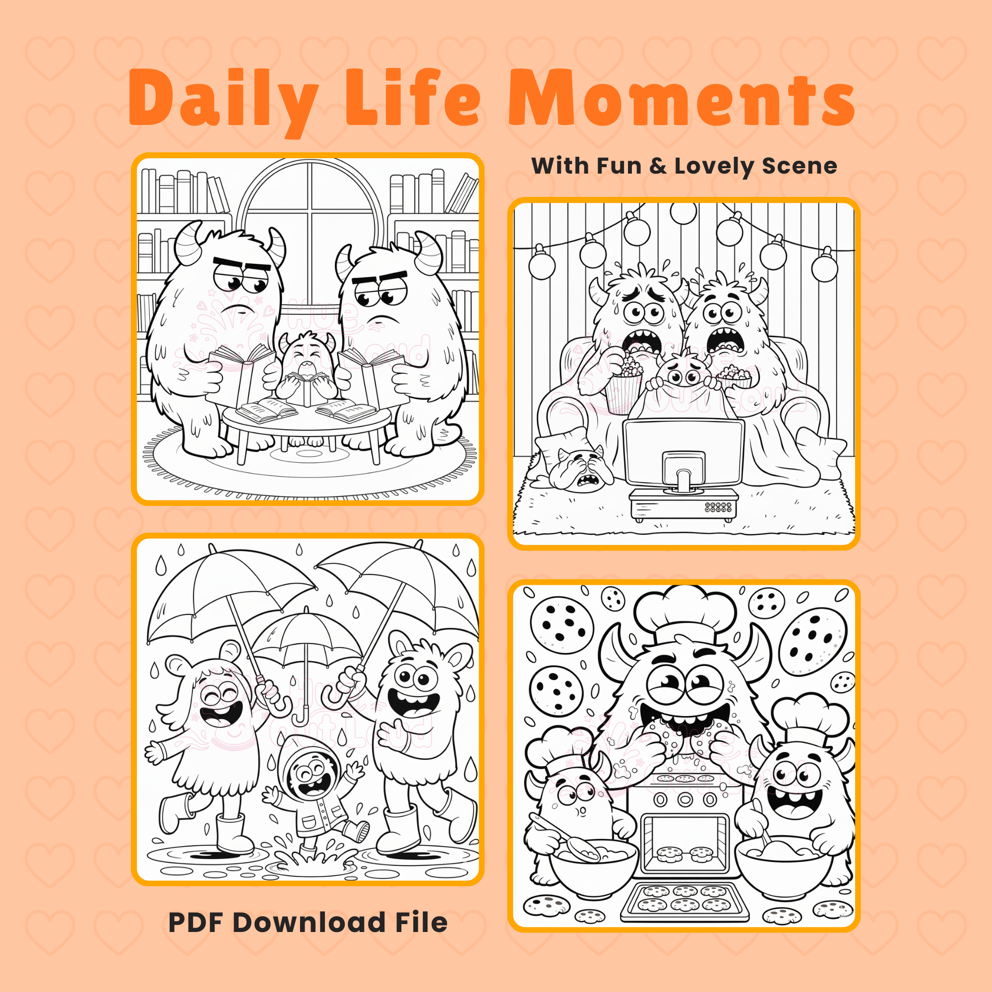 Cute Monster Coloring Pages Featuring Family Life Scenes