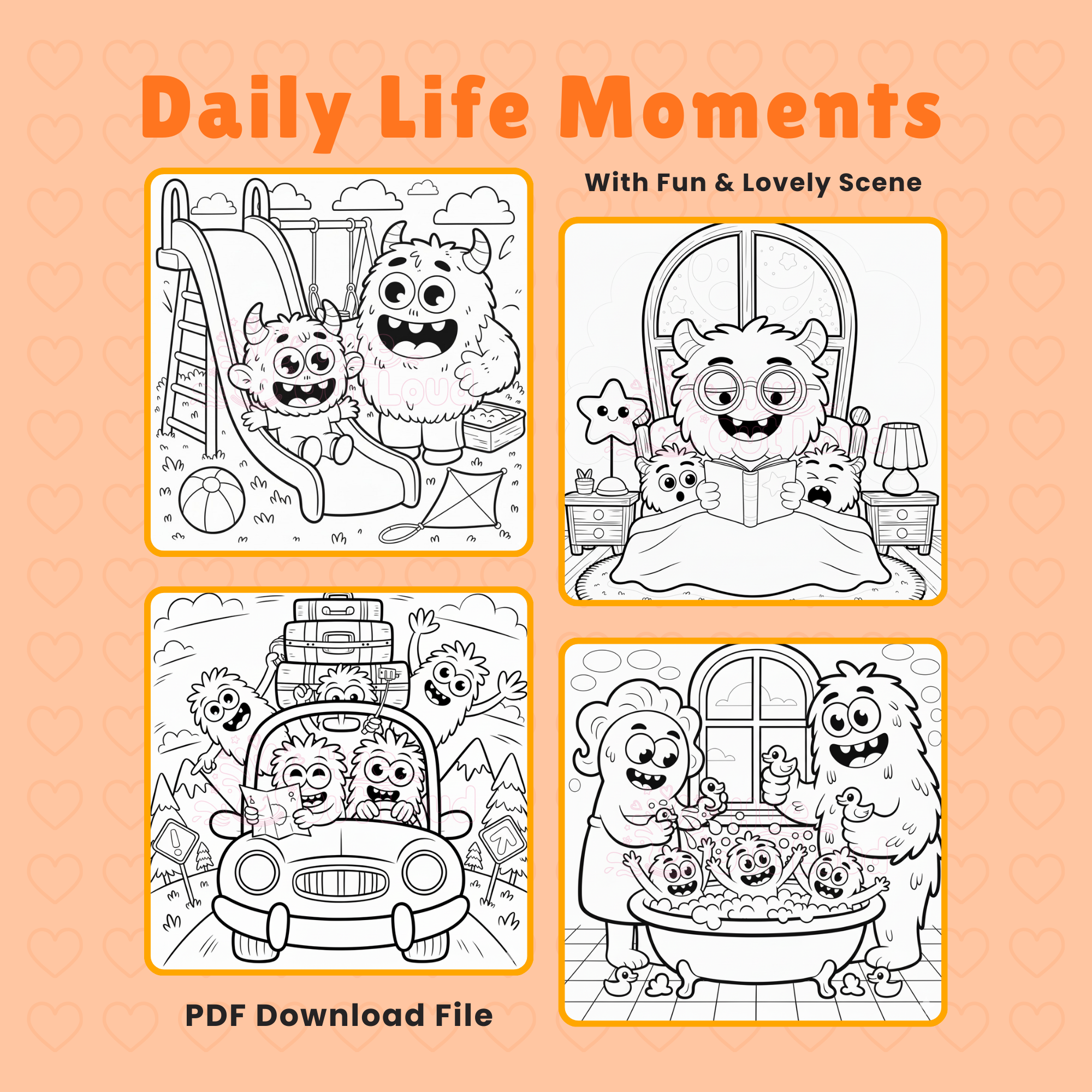 Cute Monster Coloring Pages Featuring Family Life Scenes
